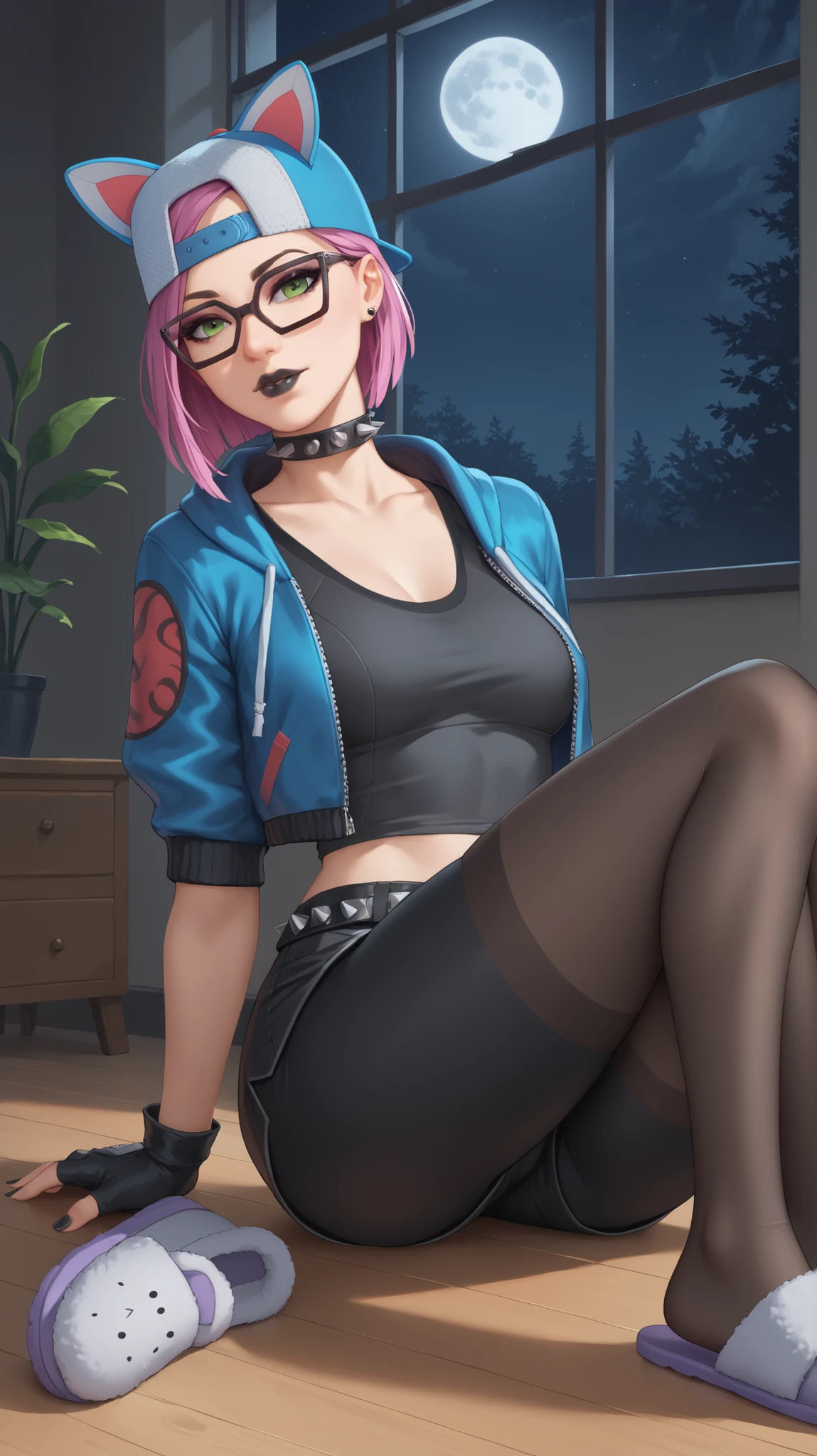 lince sentada en el borde de una ventana noche, leggins negro, gorra ,playera negra, chaqueta azul , feet ,Extremadamente detallado, rostro detallado, gafas ,hermoso rostro, ojos finos, mirando al espectador, pose femenino 