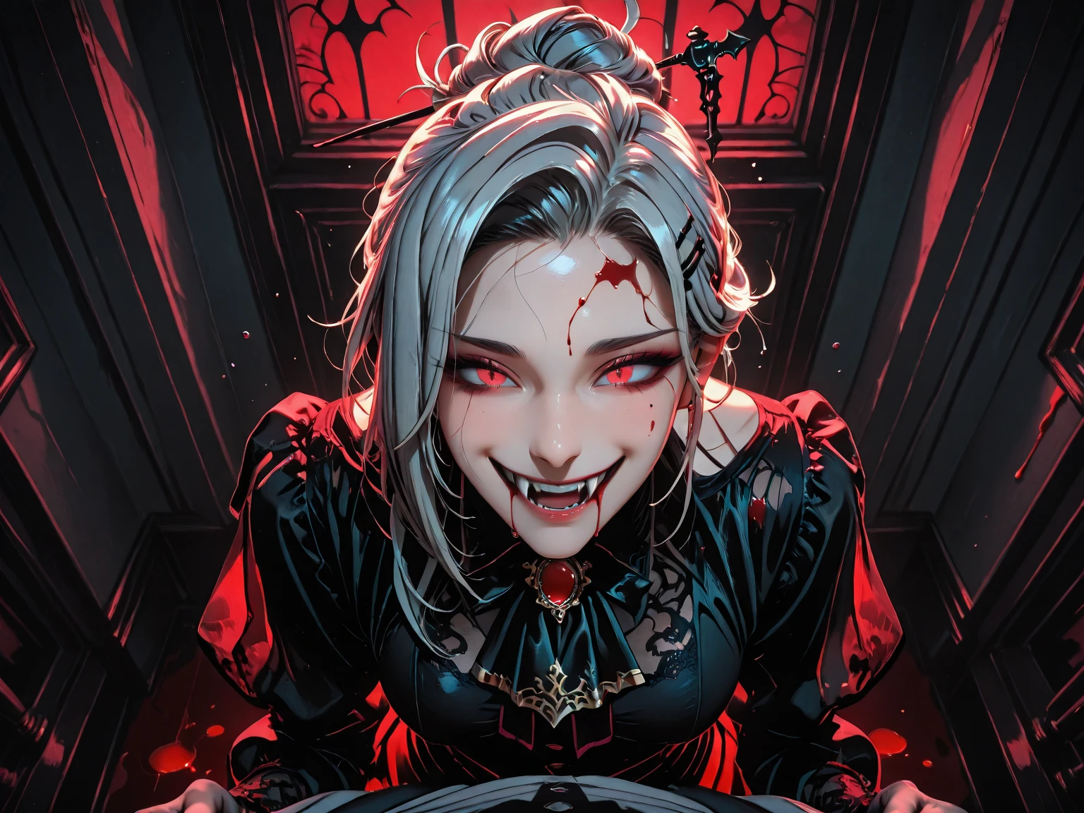arafed a picture of elf vampire in her castle and her pet epic cat an exquisite beautiful female elf vampire (ultra details, Masterpiece, best quality), bloody mouth blond hair, pale skin, hair in a ponytail, long hair, blue eyes, cold eyes, smirking, wearing white dress (ultra details, Masterpiece, best quality), red cloak, in dark fantasy library, with an ((big cat: 1.3)) (ultra details, Masterpiece, best quality: 1.5) book shelves, arafed high details, best quality, 16k, [ultra detailed], masterpiece, best quality, (ultra detailed), full body, ultra wide shot, photorealism, RAW, dark fantasy art, gothic art, ArmoredDress, Dark Novel, Dark Art Painting Style, Bloodborne