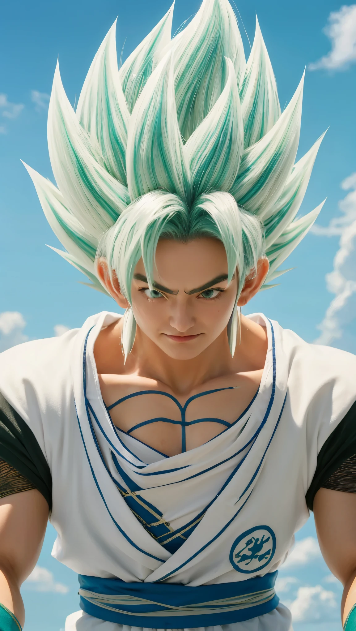 A male character from the Dragon Ball universe, in high quality 4K 3D, looking directly at the camera. The character is in the process of transforming into the Super Saiyan 4 form, with the whole body visible in the image, highlighting the intensity and power of transformation. Expressive, realistic details are essential to convey the magnitude of change."