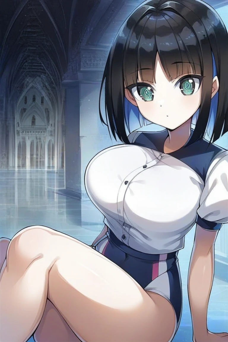 kirisaki kyouko , , bob cut, short hair, black hair, purple eyes, (nsfw, nude, naked, 1girl, solo) , nipple ,empty eyes, ,, , large breasts, crying、 whole body , palace