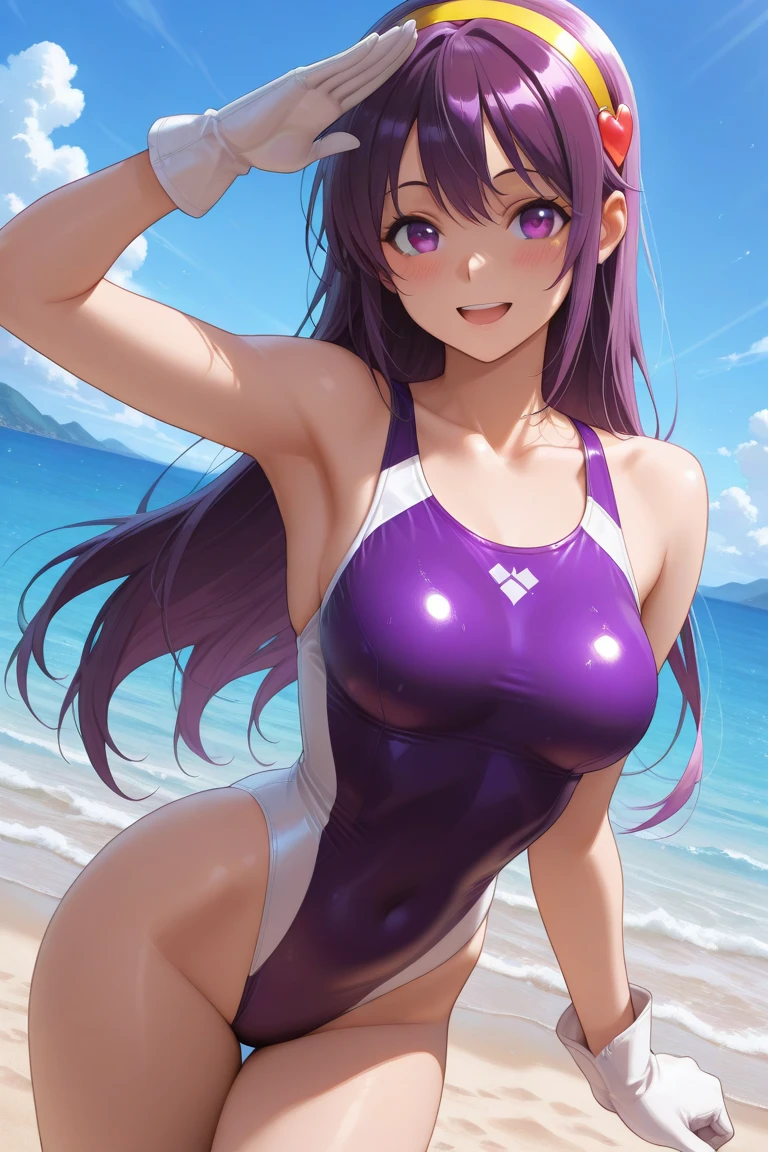 (masterpiece, best quality:1.2), 1girl, solo, i-400, shion, black hair,long hair, hair down, purple eyes, dark skin, tan, hairband horn, breast, competition swimsuit, highleg swimsuit, one-piece swimsuit, black one-piece swimsuit, shiny swimsuit, hydrasuit, outdoor, beach, smile, closed mouth, standing, cowboy shot, arms at side, sea, ocean