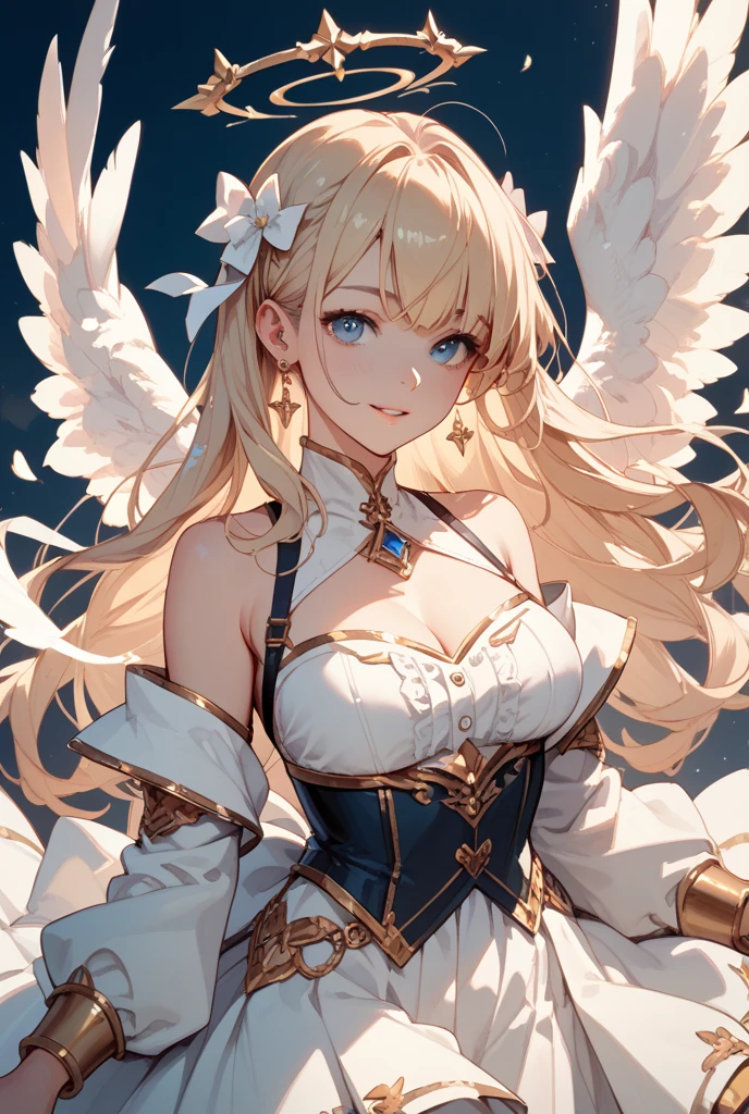 In this ultra-detailed, high-resolution image, a stunning blonde-haired woman lies on her back, her blue eyes captivating and colossal adorned with jewel decorations. She is dressed as a valkyrie, donning white holy armor and a winged headgear that gives her an ethereal appearance. The scene takes place in a breathtaking temple in the sky, adding to the grandeur of this top-quality masterpiece. The photograph, taken in 8K with raw photo capabilities, showcases the physically-based rendering and showcases the level of detail that is truly unparalleled. The woman, a vision of beauty, is a sight to behold in her white shirt, skirt, and plaid skirt. With an open-shirt revealing her bra, she exudes confidence and