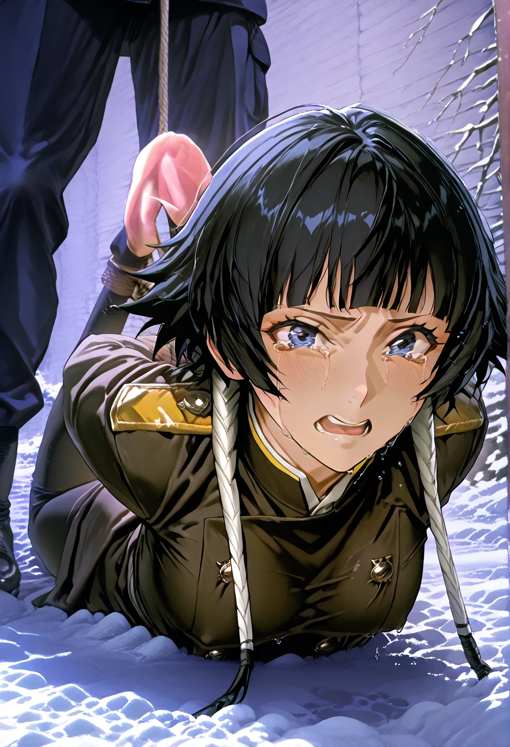 Mikasa ackerman, hair between eyes, laying on a bed, opening her legs towards the camera, showing her black pantie