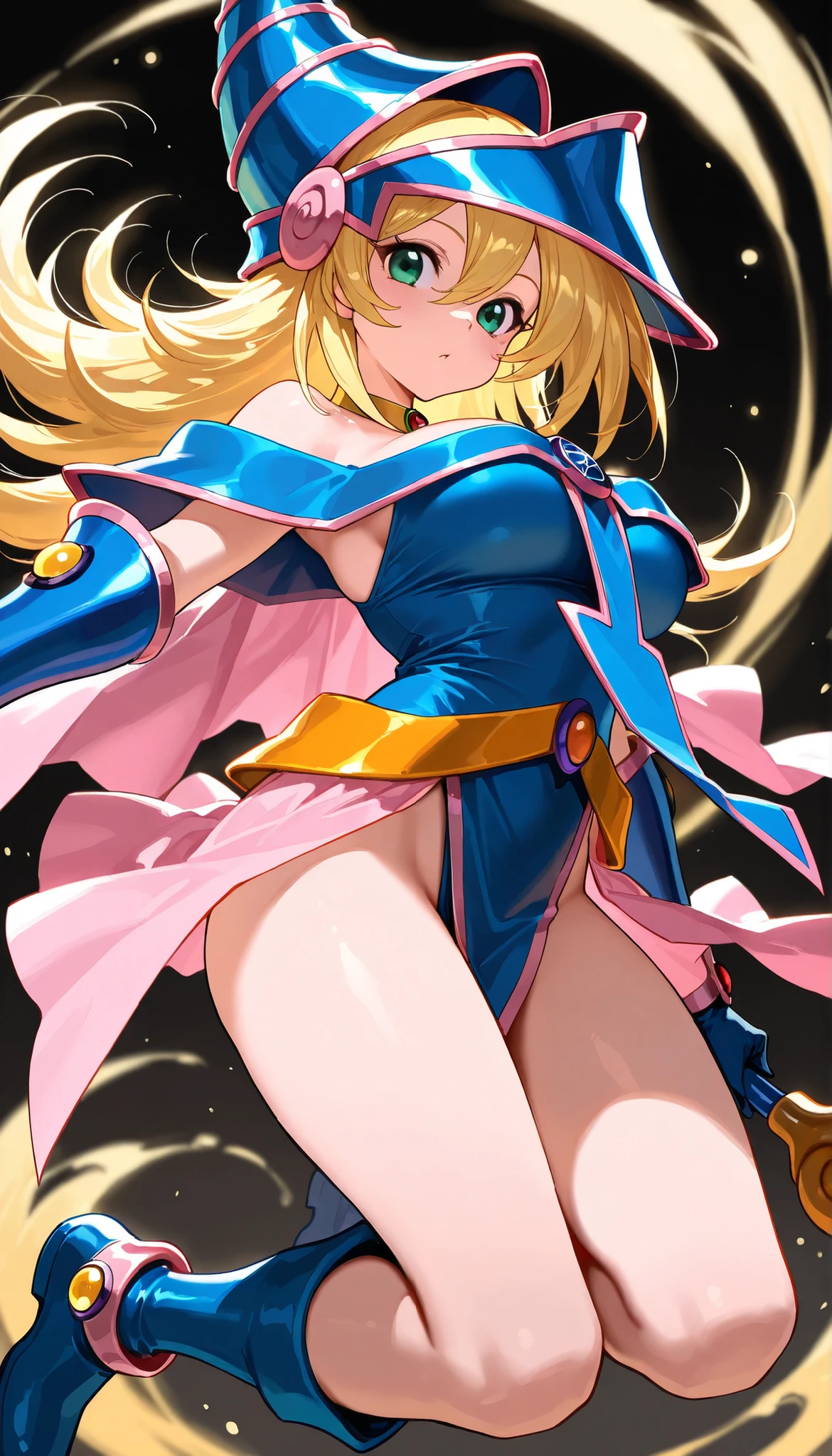Black Magician Girl、Small breasts、Thick thighs、blonde、magic circle、8K, 4K, Highest quality, High resolution: 1.2),Wink、Expose one breast、Cute anime face、Pink blush on cheeks、Noise Reduction、Flip Up Skirt、Carry a walking stick、Hold the cane、Rear View、turn around、Cane in groin、naked、Embarrassing、Masturbation、Nipples、Spread your legs、Spread your legs、Feels good、vagina、(Shifting panties、White panties)、Slime Tentacle、Tentacles wrapping around legs