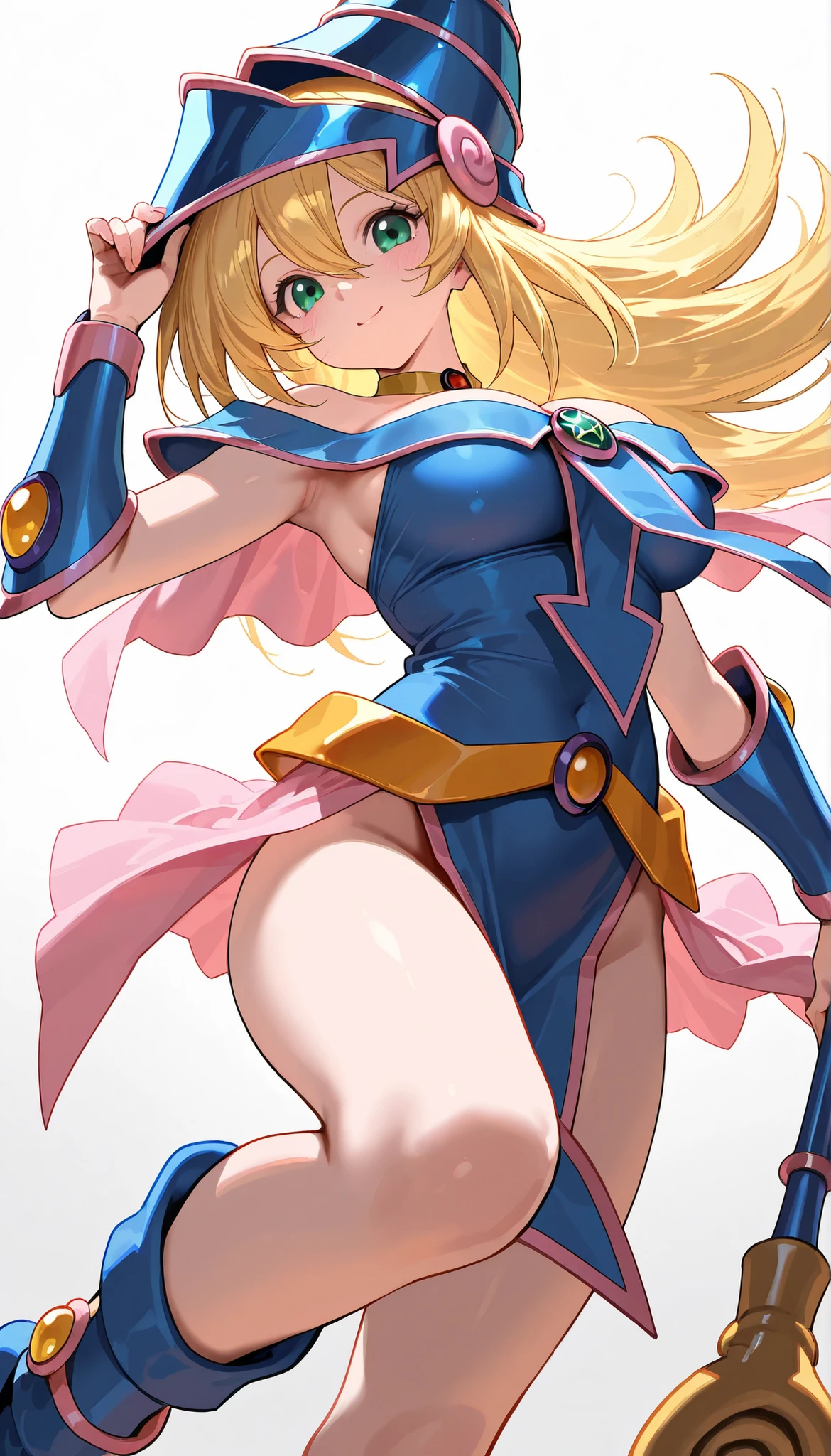 black magician girl、super chestousthick、very blonde hair、magic circle、8k, 4k, of the highest quality, High resolution: 1.2),flicker、an exposed breast、cute anime face、pink blush on the cheeks.、noise removal、Leotard that bites、have a cane、Hold your cane、