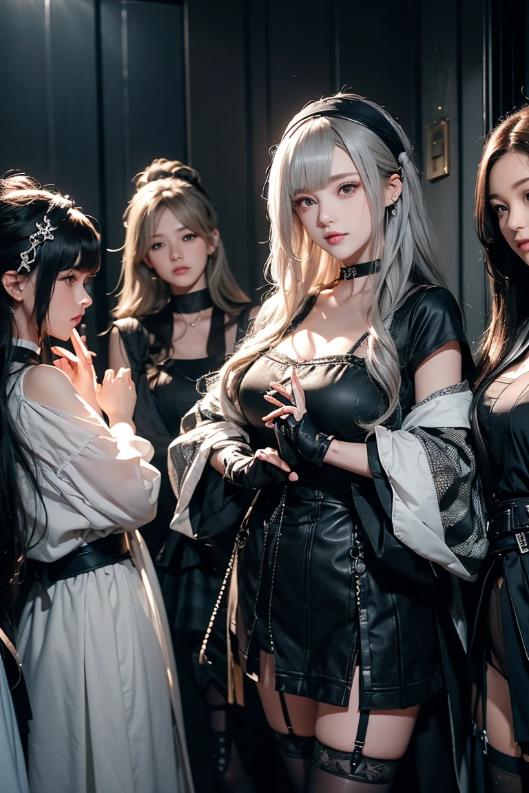 Black wings，long whitr hair，Side ponytail，choker necklace，cropped shoulders，White dress，Short white jacket，spread their legs