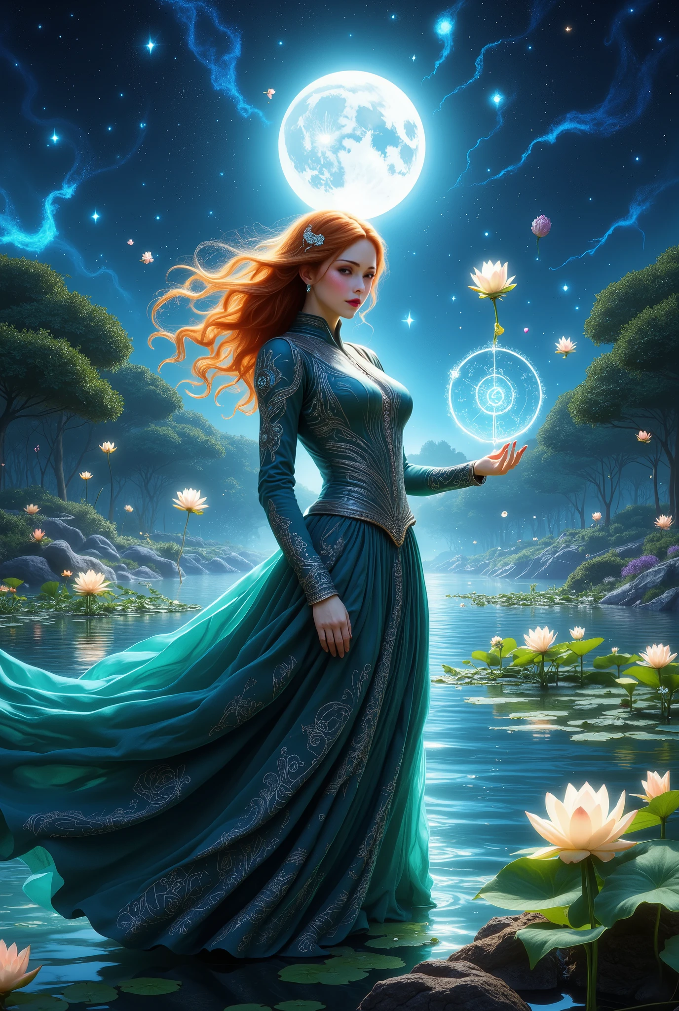 8k resolution, masterpiece, fantasy art style, hyperrealistic detail, sharp focus, a stunningly beautiful and attractive young woman of Slavic ethnicity, 0-25, with flowing auburn hair and captivating emerald eyes, exuding confidence and alluring sensuality. She’s poised in a dynamic, elegant stance, her body slightly arched, one arm raised gracefully, fingers tracing intricate magical runes that shimmer with celestial light, the other hand gently resting on a blossoming lotus flower. Her expression is one of serene power, a subtle smile playing on her lips. She wears a flowing, midnight-blue gown adorned with silver embroidery depicting celestial constellations and swirling nebulae; the fabric is exquisitely detailed, with shimmering textures and subtle highlights. The gown’s sleeves are long and billowing, trailing behind her as she performs her magic. She’s surrounded by a magical pond reflecting the starry night sky, filled with vibrant water lilies and luminous lotus blossoms. Petals drift gently on the water, illuminated by a mystical, ethereal moonlight. The background is a breathtaking panorama of a night sky teeming with countless stars, a luminous full moon casting a soft glow upon the scene. The overall atmosphere is enchanting and magical, imbued with a sense of wonder and tranquility. The colors are rich and saturated, with deep blues, vibrant greens, and shimmering silvers dominating the palette. The lighting is soft and atmospheric, emphasizing the magical effects and the delicate textures of the scene. Wide-angle lens, cinematic lighting.