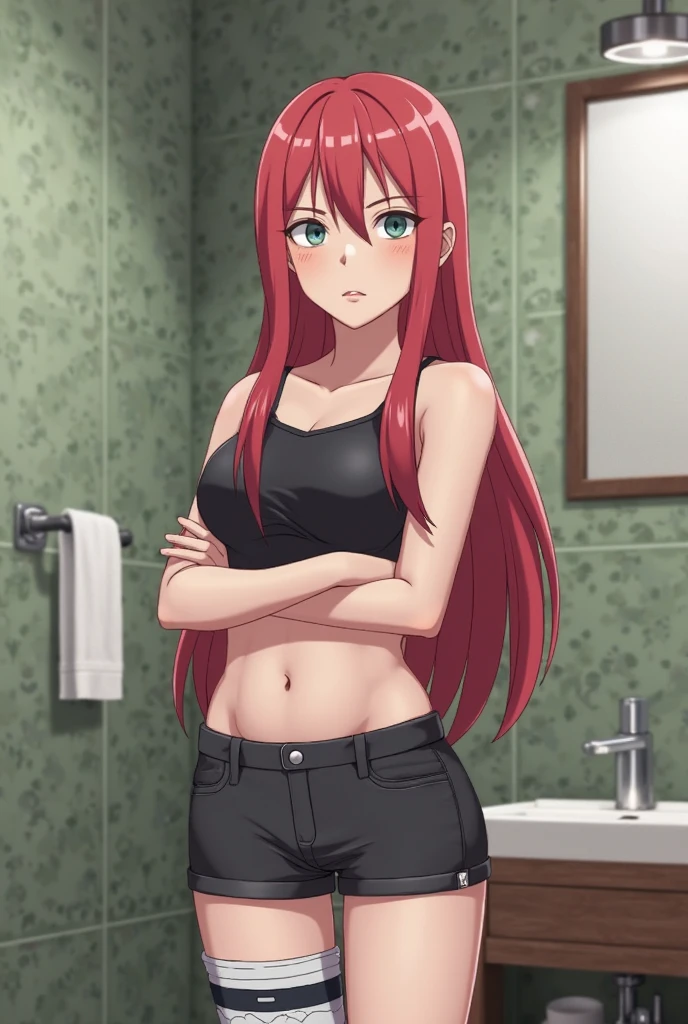 masterpiece, best qualty,
<lora:kindred_spirits_v5:0.8> kd_vnstyle
1girl, (solo),
standing,
(long hair), ((red hair)),
(flirting, mischivous smile, smirk)
small chest,
(green eyes),
(freckles:0.8)
break
bedroom,
((white bra,
jean shorts, white socks, open black jacket))
(blurry background)