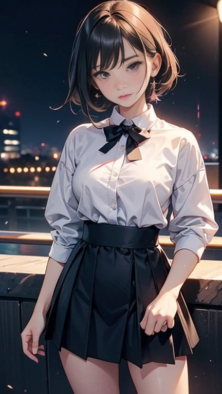 (((One girl))), ((beach)), noon, blond hair, bob cut, breasts, from front, (cowboy shot), standard body, (looking at viewer), ((black serafuku out of skirt)), black skirt, ((red ribbon)), ((sunglasses)), hand to sunglasses, teenager, head tilt:1.3, (((blue eye))), ((happy smile)), anime style, (best quality, 4k, 8k, highres, masterpiece:1.2, ultra-detailed, ultra-detailed eyes, HDR, UHD, studio lighting, ultra-fine painting, sharp focus, physically-based rendering, extreme detail description, professional, vivid colors, bokeh), ((Highest quality, Best image quality, Ultra-high resolution, Ultra-high resolution, solo, Strong eye highlights)), Depth of written boundary, Natural soft light, attractive, Beautiful Face, Cleanliness, Pure Face, nedium chest, Beautiful Face, Perfect Fingers, Perfect hands, Perfect body, Perfect Face, Shine a light into your eyes, Perfect Anatomy