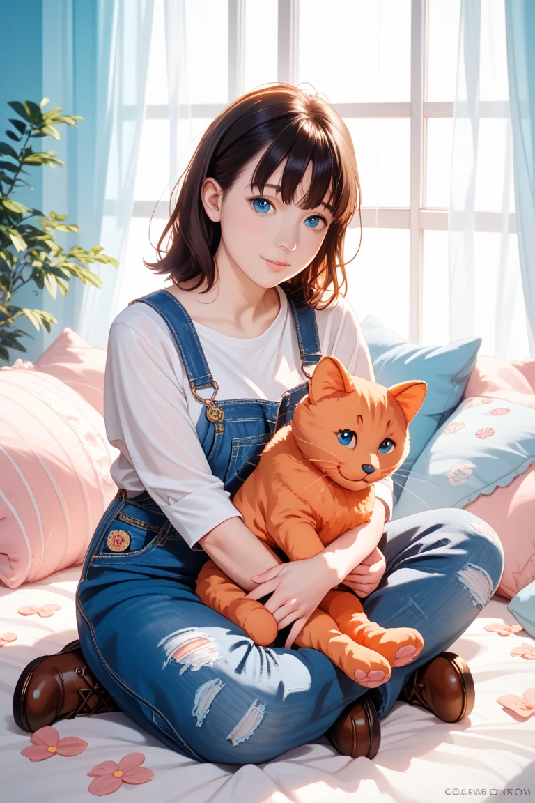 View from the window,Sexy girl,blue colored eyes,sensual lip,light blue short hair,in blouse wearing,Holding the kitten and sitting on the sofa。