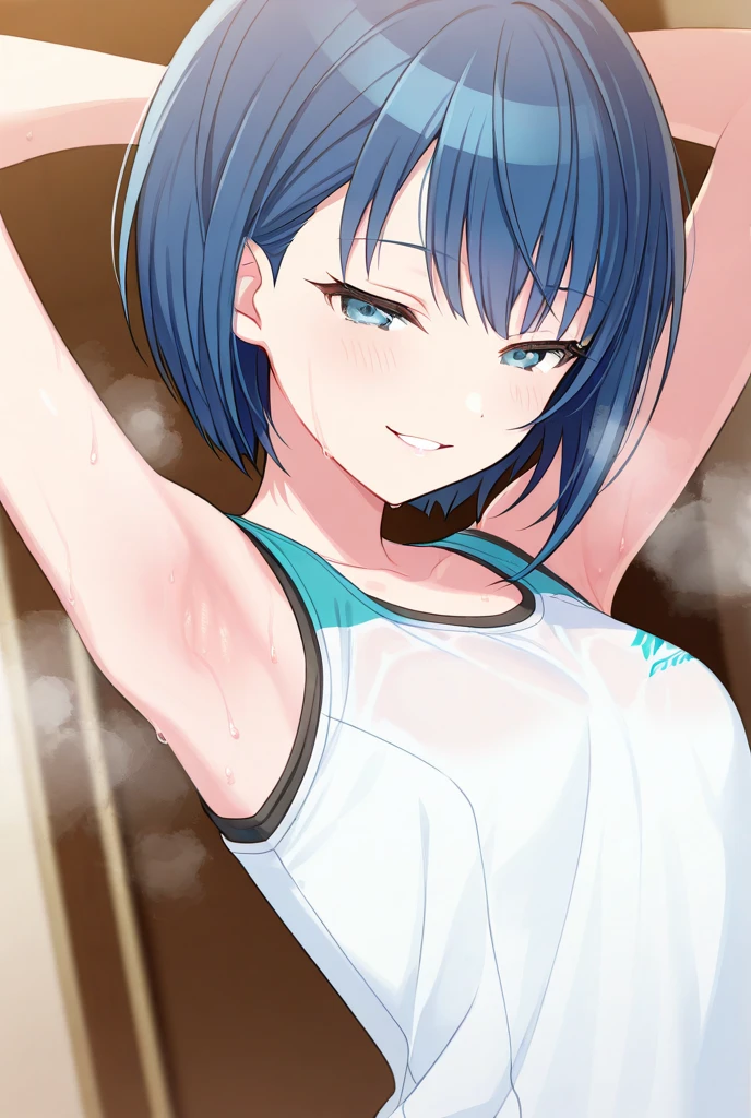 (masterpiece, best quality:1.1), absurdres, shiny hair, 
<lora:MiyakoCharaVN-14:0.8>,miyakovn,   very short hair,  shiina miyako,  
 swimsuit, silly expression, tongue out, 
1girl, (smug smile:1.2),