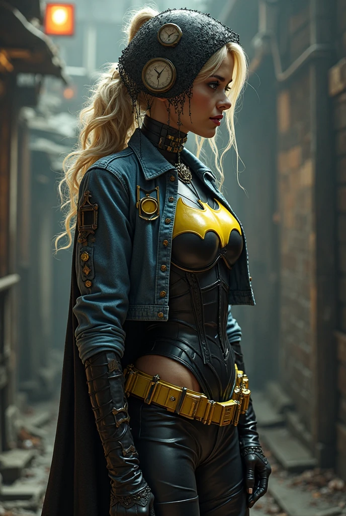 Mulher bonita com cabelo longo define o corpo e usa o papel do Batman