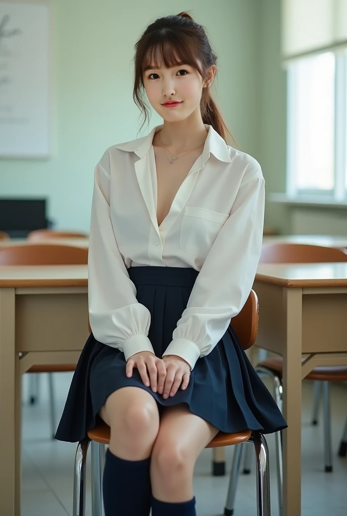 Beautiful young Margaret Quilly, 14 years old, white complexion, eye glass, Large earrings, Small dress, Dark tights, High Balance, midday sunlight, Hyperrealistic, Model body, Small breasts, Beautiful breasts, Long hair , Straight hair, Red-headed hair, Long legs, 8K, 超高分辨率, Best quality, Classroom, Korean language school, Portrait primitive, cherry blossom, Ambient lighting, Detailed shadows, The camera is focused on the thigh, Sexy pose, Sitting on the school chair, Legs spread