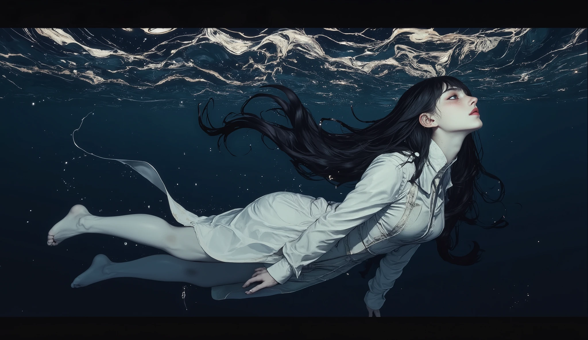 Portrait of Cynthia,(masterpiece),(Top quality),(Super detailed),(ultra high resolution),(Top Illustrations, realism), 8k , in full height, Beautiful girl under water, with long black hair, at the bottom , white long robe,, gloomy, Cold, sad, The color palette is blue, painting evokes the grace of water. side view