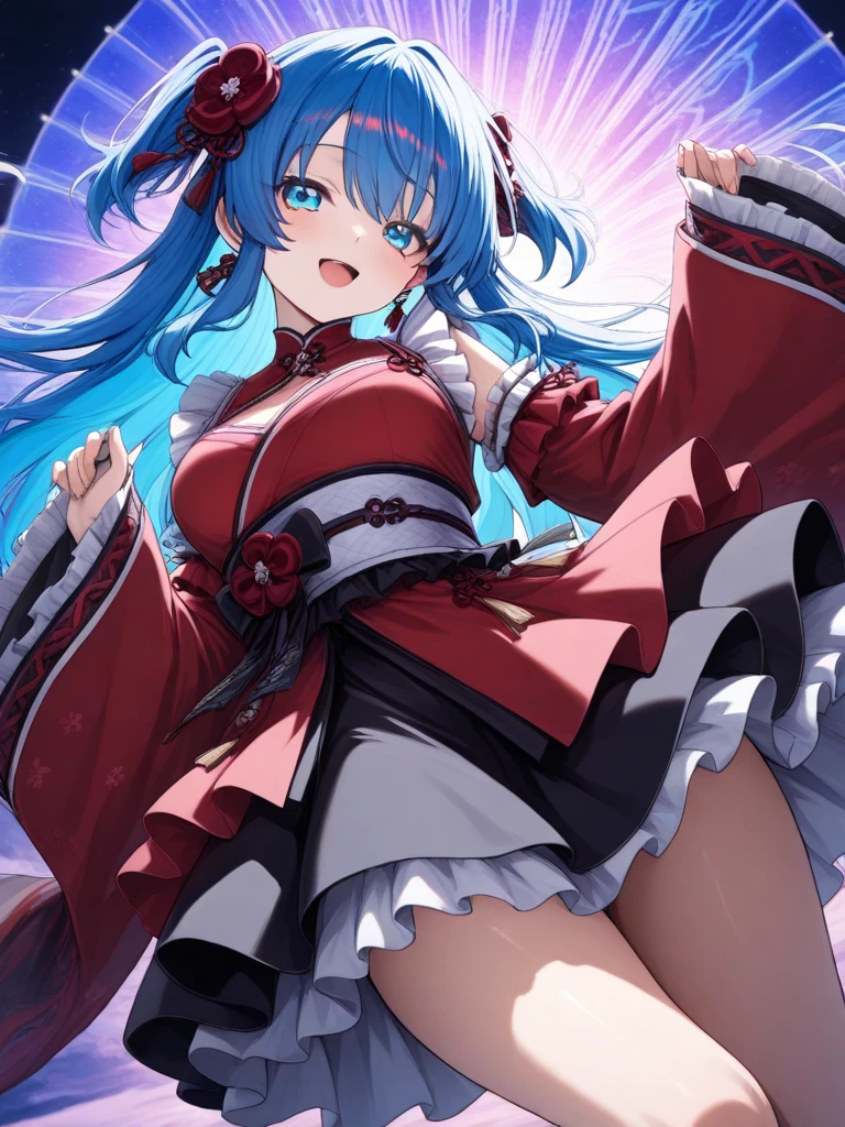 (1girl in),(High quality), (hight resolution), (Highly detailed), (in 8K),(lower body shot),Ram from Urusei Yatsura wears a white and red shoulderless kimono.),(Wearing black pantyhose)No shoes,Perfect Lighting,(Beautifully erect nipple shape:1.1),hight resolutionの美しい目,(Neutral white lighting:1.2),simple background,
