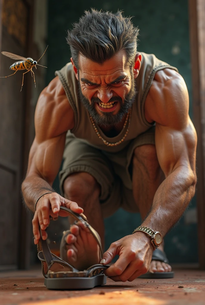 A handsome,Orc with abs tied to the sofa,Shoes taken off,Revealing two big bare feet,Both feet are locked in the foot,Feet raised,Soles facing forward,Five toes tied with rope in foot,His hands were tied tightly to one end of the sofa.,His upper body was stripped,Wearing only a pair of trousers,Being tickled by a man in a cap,His armpits were constantly tickled by feathers.,The soles of his feet were being scratched by two brushes.,The toes are also tickled by the feathers growing from the toes.。The abdomen is scratched with a brush,And he laughed,Struggling hysterically,Swinging his two feet,I want to escape from this nightmare.,But can only endure the punishment of being tickled。*(Have an expression of laughing like being tickled,Keep your feet elevated,The soles of your feet should face the screen)