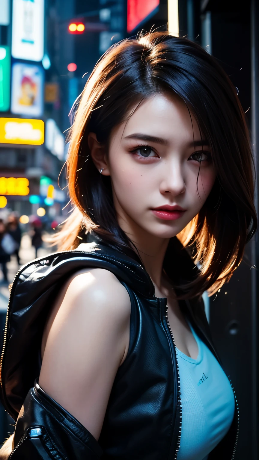 A girl, in the cyberpunk city, High resolution、masterpiece、Textured skin、high quality、Ultra high definition、Very detailed、woman、Cyberpunk Photos, Cyberpunk 2000. role model, in a future cyberpunk city, Woman, at an cyberpunk city, cyberpunk girl, cyberpunk style, cyberpunk girl, Tokyo's Future Cyberpunk Night, in the cyberpunk city, (work of art、4k resolution、Surrealism、very detailled), "Full and juicy lips, charming big eyes, clear jaw, and high cheekbones. perfectly symmetrical face,The facial features are distinct.", wear glasses, korean. Realistic shaded lighting poster by Ilya Kuvshinov Katsuhiro, Magali Villeneuve, Artgerm, Jeremy Lipkin e Michael Garmash, Rob Rey e Kentaro Miura style, trending on art station.