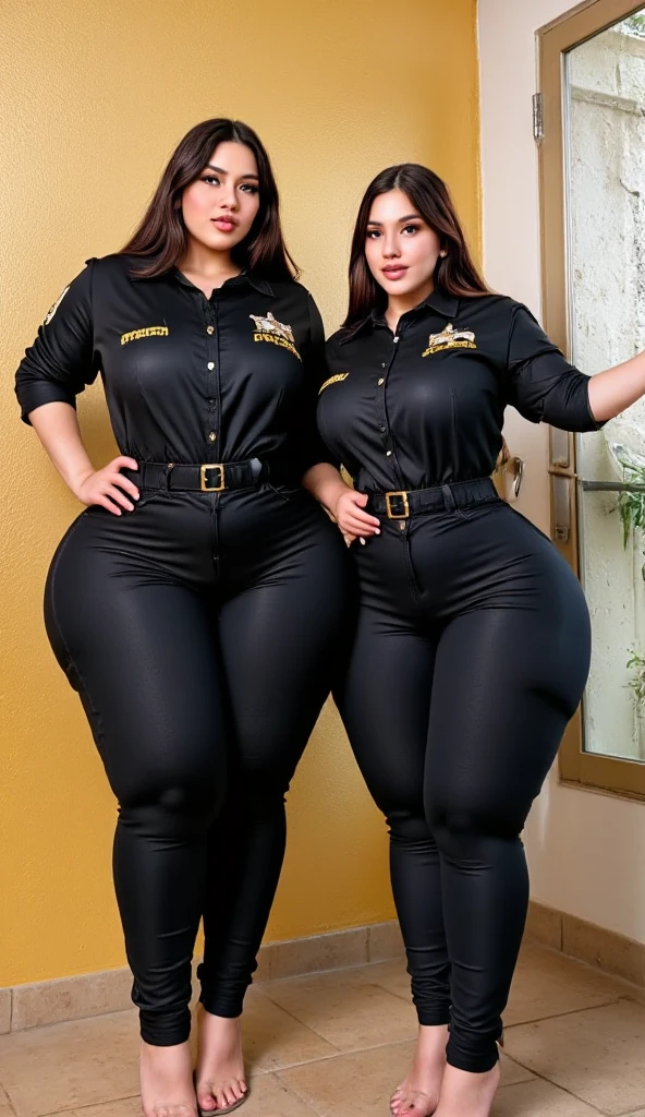 (Masterpiece, great quality, high resolution) Pastry wardrobe, full body, tight black pants, navy blue chef's jacket very very tight, brown hair with a bun, large and beautiful eyes, intense and sensual look, very large and voluptuous hips, big legs, sensual posture, luxurious pastry atmosphere, dreamy.