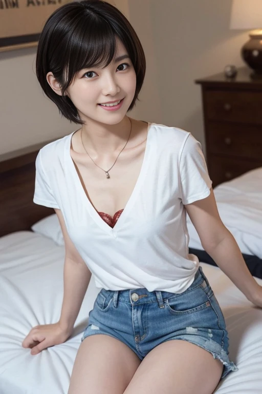 Mix 4, (16K, RAW Photos, Best image quality, masterpiece: 1.45), (Realistic, Realistic: 1.37), One Girl, cute, Professional Lighting, Photon Mapping, Bedroom, Physically Based Rendering, Dark brown long bob hair,beautiful, well-groomed eyes、double eyelid、With a girl,((((If you raise your hands above your head you can see your armpits)))), (((Sleeveless shirts worn by Japanese high school girls、Checked mini skirt,、Dark blue socks、Black Loafers))), Highest quality photos, High resolution, 1080P, (Clear Face), (Detailed face description), (Detailed hand description), (masterpiece), (Exquisite CGI)、Extreme light and shadow、Disheveled Hair、masterpiece、Rich details、(((White lace pattern panties)))、(Top quality photoassessing muscle area)、(Fine grain)、Look in front of you、Thin clavicle、((Slim and large))、シャツを捲れてbeautiful胸が確認できる、(((In Japan, we wear sleeveless shirts)))、((Pure Idol))、((明るいBedroom))、(Shot from random perspectives)、(((とにかくcute)))、Big smile、Drawing the whole body from the knees、No nasolabial folds、(Large and firm breasts:1.2)、(Tight big ass)、Two arms and two legs、(((from the front:0.4)))、bare hands、Symmetrical eyes