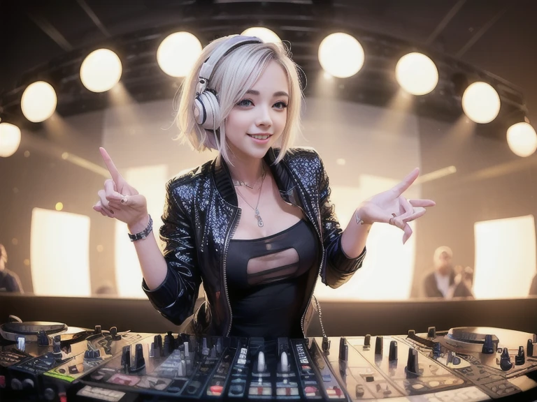 (ultra - detailed, 16K resolution, Cinema lenses, rendering by octane), (high resolution:1.18), intricate detail, (masterpiece:1.1), (highest quality:1.1), (1girl, portrait, white hair, blue eyes, short hair, detailed eyes),Wearing silver DJ headphones, Shiny silver sequined T-shirt, (Iconic hip-hop pop costumes:1.3), Smile while DJing on stage, full body shot of, The spotlight shines on the female DJ. Photorealistic photography by Disco Lighting, (cute round face:1.3), perfect fingers, five fingers, beautiful hands, perfect hands. master peace, cute smile.