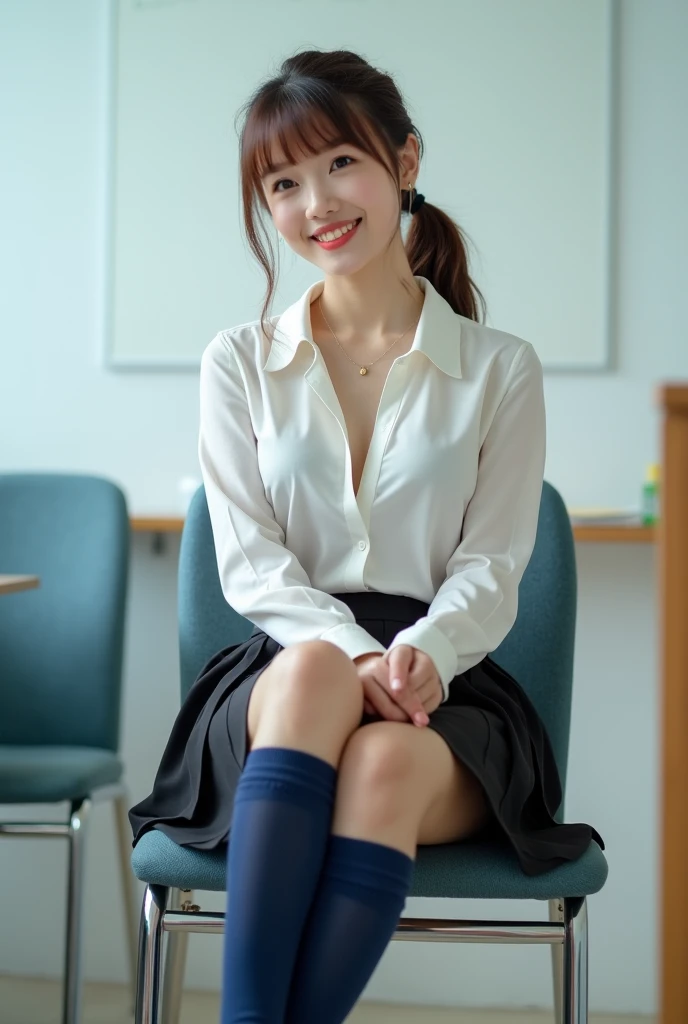 (Tabletop, highest quality, High resolution, , Pixel perfect, 4K,), 1 girl, single, alone, Beautiful woman、I could see the whole body、 ((Wavy mid-hair, bangs, Brown Hair)), ((Brown eyes, Beautiful eyelashes, Realistic eyes)), ((Detailed face, blush:1.2)), ((Smooth texture:0.75, Realistic texture:0.65, Realistic:1.1, Anime CG Style)), Medium chest, Dynamic Angle, Perfect body, ((, female teacher, , Earrings、necklace、White silk shirt、Blue flared skirt、Matte black pantyhose、Spread your legs wide、Get down on one knee、A shy smile)), Superior、、、evening、Sit at a desk、Bring your arms together to emphasize your chest、(、Showing polka dot panties under pantyhose、Angle from below)、
