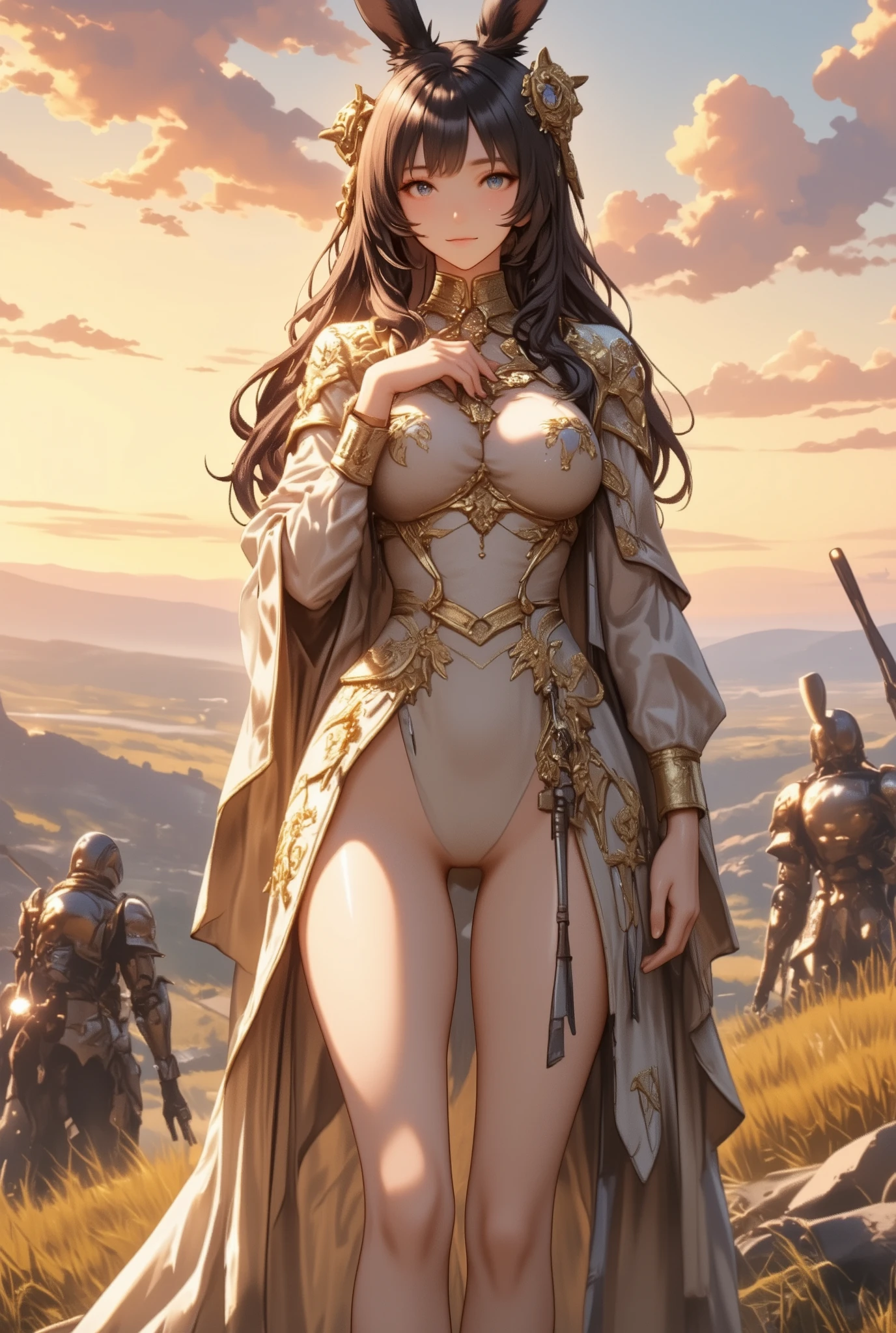 Very beautiful woman、Slender women、(Detailed face)、Realistic Skin、((Holy Knight)), ((Armor made of platinum))、((((Extremely detailed and intricately decorated armour:1.1))))、((Delicate photo)),(Girl Astepeace RAW Photo Details:1.25), (Highest quality:1.6), (Ultra-high resolution:1.5), (Realistic:1.75), 8K resolution, Canon EOS R5, 50mm, Absurd, Super detailed,Cinema Lighting,((Fightfield))、smile、tiara、((Fight))、(((White embellished micro skirt)))、striped pattern panties:1.2,Thigh-high socks、Shingard、((blonde))、((Curly Hair))、((Drill Hair))、((Wavy long hair,))、Cape、Beautiful Armor、(((Has a huge weapon)))、(In combat)、The wind is blowing、((Symmetrical armor))、((((Blizzard))))、(((Lead a large group of knights:1.2)))、banner、(((Battle Scenes)))、((Browsing Caution:1.2))、(((I can see her panties:1.4)))、、((Skirt lift in the wind:1.4))