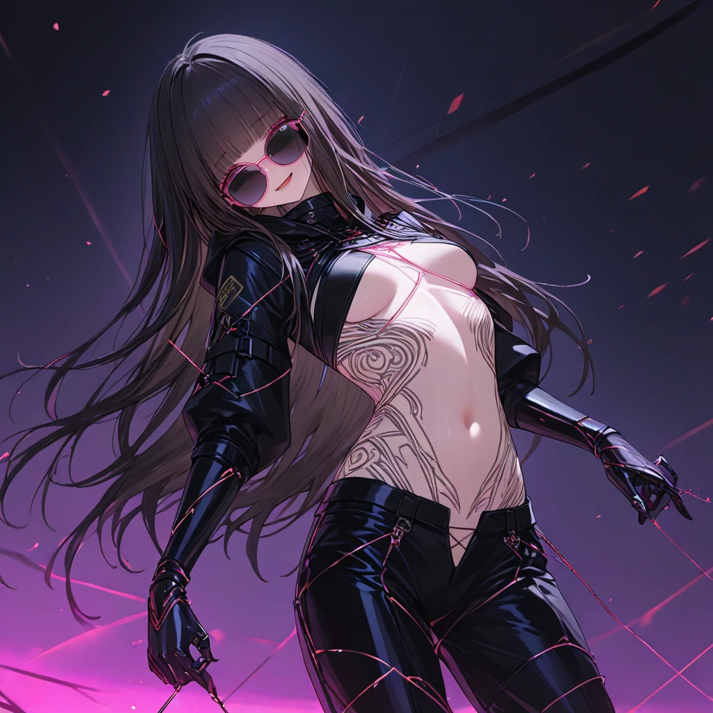 最high quality、Best image quality、masterpiece、girl((Age 25、 By becoming、Best Bust、Medium Bust,Wide open breast tea、Red glowing eyes,Black hear、Red Mesh、Disheveled Hair、Lointail、thin,The highest valley、Open chest、Luminous Wristbands、hair ornaments、Show the whole body,Black Ninja suite、revolver、scar、Full body scar、Fighting Pose)),high quality、Beautiful art、background((night,ninja word))、Flight、Flying debris、Written boundary depth、movie、Visual Arts、Perfect art、8K,Genuine,