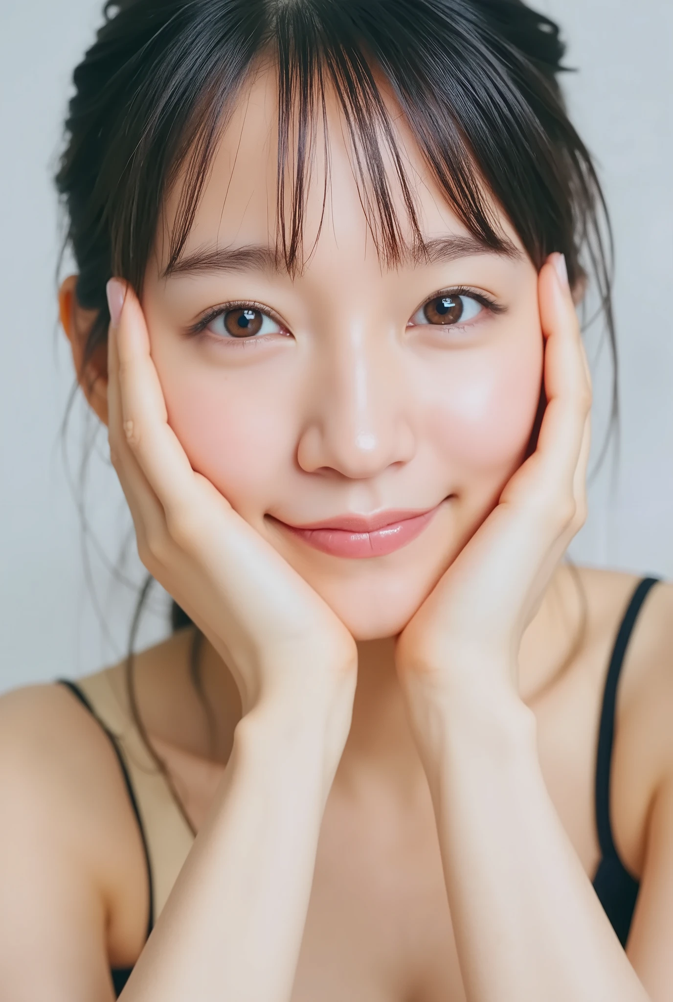 extreme close-up portrait, beautiful girl with her love-struck, radiant face filling the entire frame (95% face ratio), gently placing both open hands on her flushed cheeks with soft fingers, soft black camisole, white blurred background, eyes dreamy and half-lidded, deeply adoring gaze fixed straight at the viewer, irises ultra-detailed with intricate rainbow reflections and glowing catchlights, moist and sparkling eyes as if about to tear up from overwhelming joy, soft melting smile revealing slightly parted lips and upper teeth, skin with visible soft pores, realistic skin texture with warm lighting and subtle shadows, delicate eyelashes, glossy lips with natural highlights, cheeks glowing with deep blush, cinematic soft lighting, lifelike expression full of romantic euphoria, overflowing with happiness, warmth, and pure affection, subtly tilting her head as if whispering a name in total bliss, ultra photorealistic, masterpiece, 8K, hyperreal detail, skin pores, detailed iris texture, cinematic mood