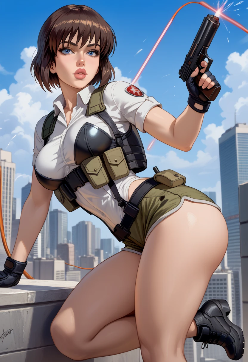super saiyan ultra instinct, 8k, full body shot of Girl, Anime style, Unreal engine 5, masterpiece, maximum quality, maximum resolution, excellent sharpness, in terrifying city, dark black eyes, short dark brown hair, size XL bust, student outfit white with black pants.
