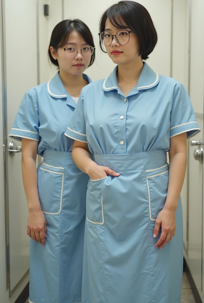 masterpiece, best quality, 16K, hospital, operating room, old woman, interior photo, glad, smiling, standing, looking back, ((looking at viewer)), looking away, long hair, ponytail, black hair, eyes open, (large breasts:1.41), (wrinkles corners eyes:1.32), (nasolabial:1.32), (old skin:1.32), freckled skin, wrinkles skin, pale skin, (old muscles:1.2), plump, {(nurse), ((breast pocket)), ((collared dress)), ((short dress:1.28)), (micro skirt:1.39), (LightBlue dress), ((short sleeves)), ((thighs)), (LightBlue headwear), (special occasion thong panties), (LightBlue sandals), ((stethoscope))}, beauty mark, 65-year-old, old, elderly, japanese, inside, in the hospital, in the sickroom, in the afternoon, real person, ultra realistic photo, nsfw, full body shot, {((panty shot / upskirt))}, from front, front view