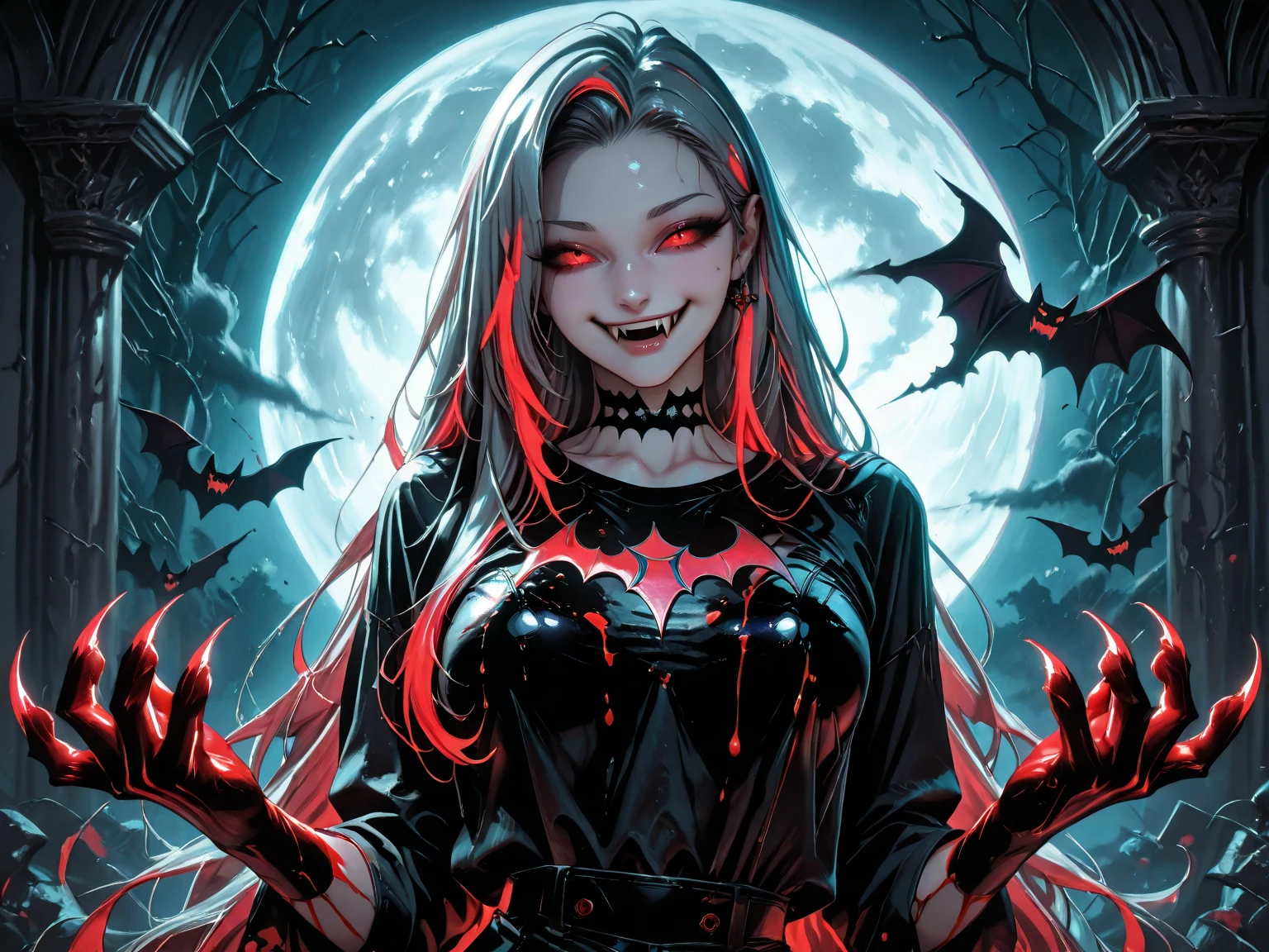Red eyes, vampir teeth fangs, booldy face, blood out of mouth, smirk,bat wings, scary smile, psychopathic smirk, psychopathic smile, scary, mouth opem, angry eyes, vampire, dark sky background, red + blue + green, glowing red moon