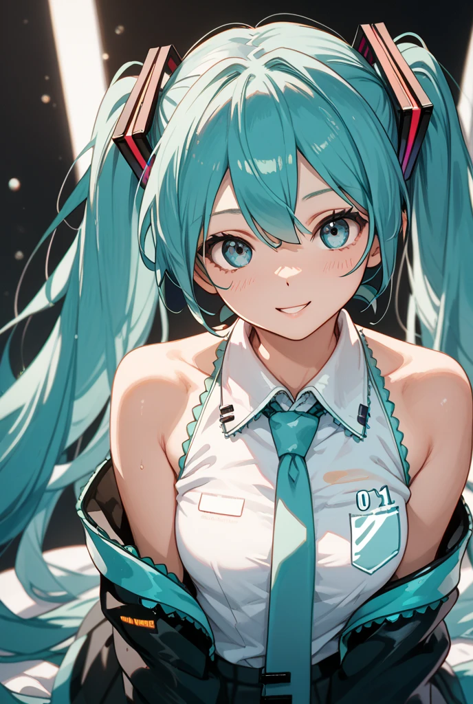 (masterpiece, best quality, highres:1.2), (intricate and beautiful:1.2), (detailed light:1.2), (colorful, dynamic angle), upper body shot, fashion photography of cute, intense long hair, (hatsune miku), I'm drenched in sweat、Sweat coming out of my arms、Sweat coming from thighs、Holding a glass vessel、Eating chilled somen noodles、