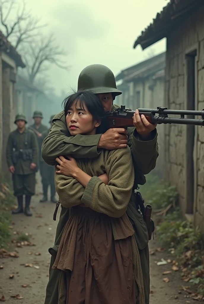 (best quality,4k,8k,highres,masterpiece:1.2),ultra-detailed,(realistic,photorealistic,photo-realistic:1.37),Japanese soldier savagely captures Chinese woman in 1938, war scene, intense emotions, historical, war-torn city, desperate struggle, haunting atmosphere, dust and smoke, ruined buildings, debris-filled streets, fear in the woman's eyes, pain and anguish, betrayed innocence, dirt and blood, sorrow and despair, heroism in adversity, bravery and sacrifice, contrasting cultures, cultural clash, oppression and resistance, dark and gritty, monochrome palette, harsh lighting, shadows and highlights, tense atmosphere, somber mood