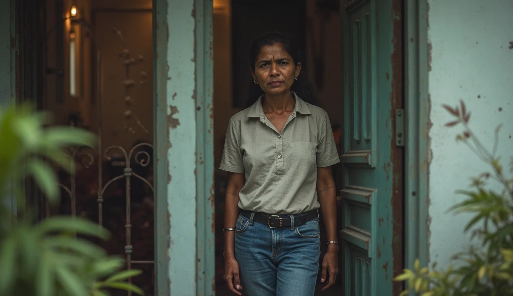 A india women in her 60s waiting for someone, a house in background