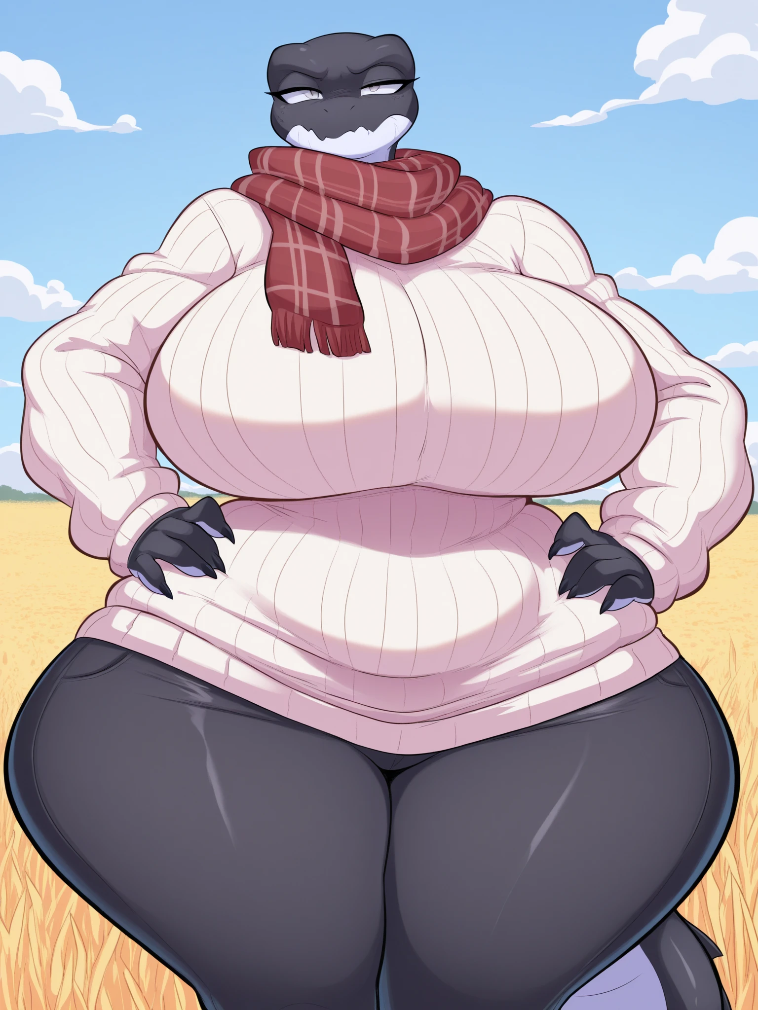 ((highres)), Masterpiece, high quality, best quality, beautiful, perfect lighting, detailed face, ultra cute face, ((1girl)), ((blush)), ((blush)), embarrassed, looking at viewer, skindentation, short white hair, fluffy hair, blue eyes, jeans, tank top, tight clothes, full body, snowy forest, large breasts, perky breasts, cleavage, ((wide hips)), ((massive thighs)), ((plump)), chubby belly, fat folds, standing, (arms behind back), looking at viewer, spoken heart,