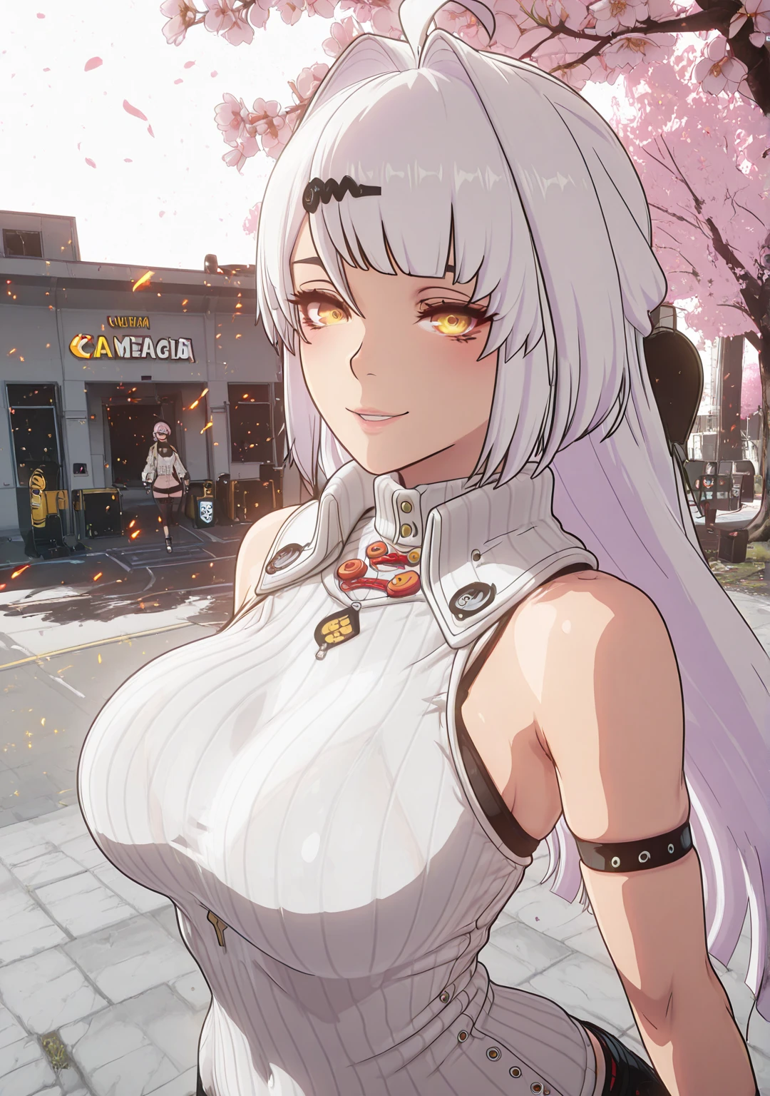 (masterpiece:1.6, best quality), (finely detailed beautiful eyes: 1.2), (Overhead view), high quality, beautiful face, 1girl, wide shot, white tshirt, leather short shorts, oversized leather jacket, open shoulders, red eyes, silver hair, large breasts, ponytail hair, wide hips, badass (leaning to the side, ), beach, background, detailed background,