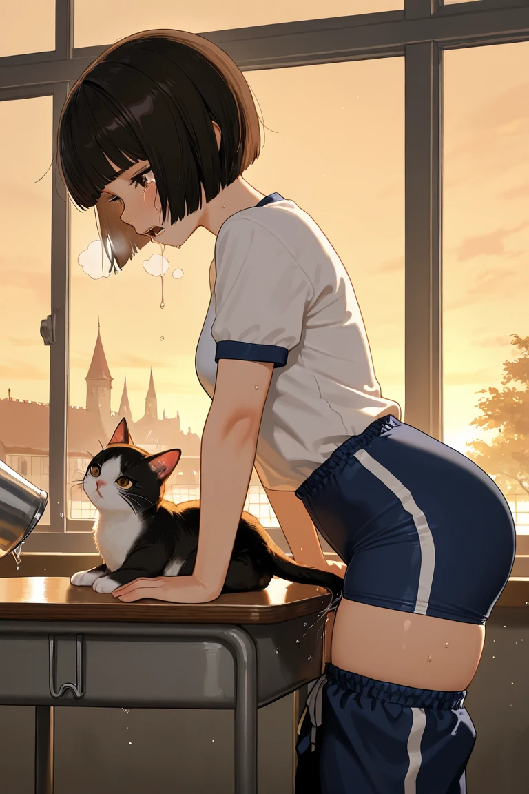 girl with short bob hair,Red eyes ,A shining heaven,in heaven,Sitting,Petting a black cat,View from behind