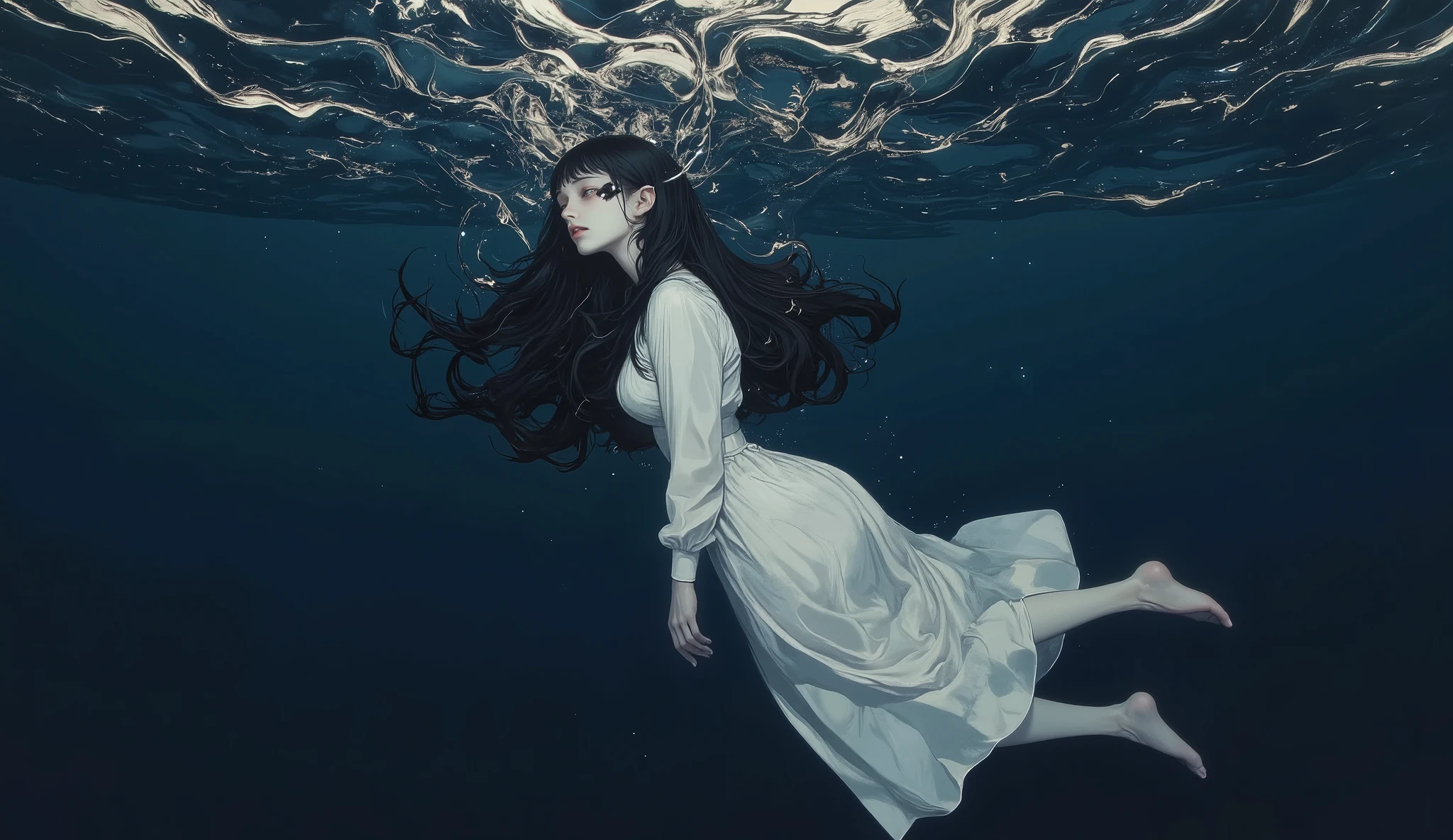 Portrait of Cynthia,(masterpiece),(Top quality),(Super detailed),(ultra high resolution),(Top Illustrations, realism), 8k , in full height, Beautiful girl under water, with long black hair, at the bottom , white long dress, gloomy, Cold, sad, The color palette is blue, painting evokes the grace of water. side view