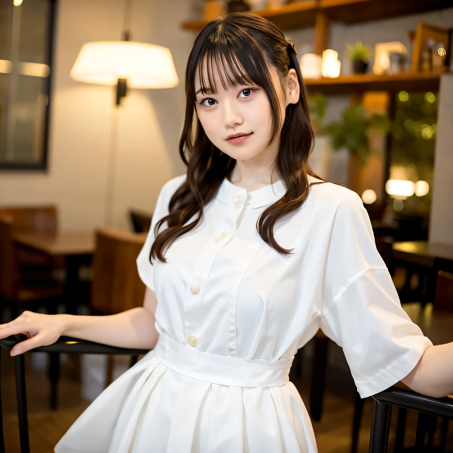  ((highest quality)), (Very detailedな), ((Very detailed)), 4K, (8k), highest quality, (beautiful), Gradation,8k, 18-year-old, 85mm, Official Art, RAW Photos, Absurd, White dress shirt, Pretty face, close, Violet, Gardenias, beautiful Girl, Shirt with holes,  Cinch waist, Thighs, Short sleeve, huge , Black Hair Semi-Long, View your viewers, No makeup, (smile), Film Grain, chromatic aberration, Sharp focus, Face Light, Bright lighting, Teen, Detailed face, Bokeh Background, Medium chest,Kneeling pose, white pantie