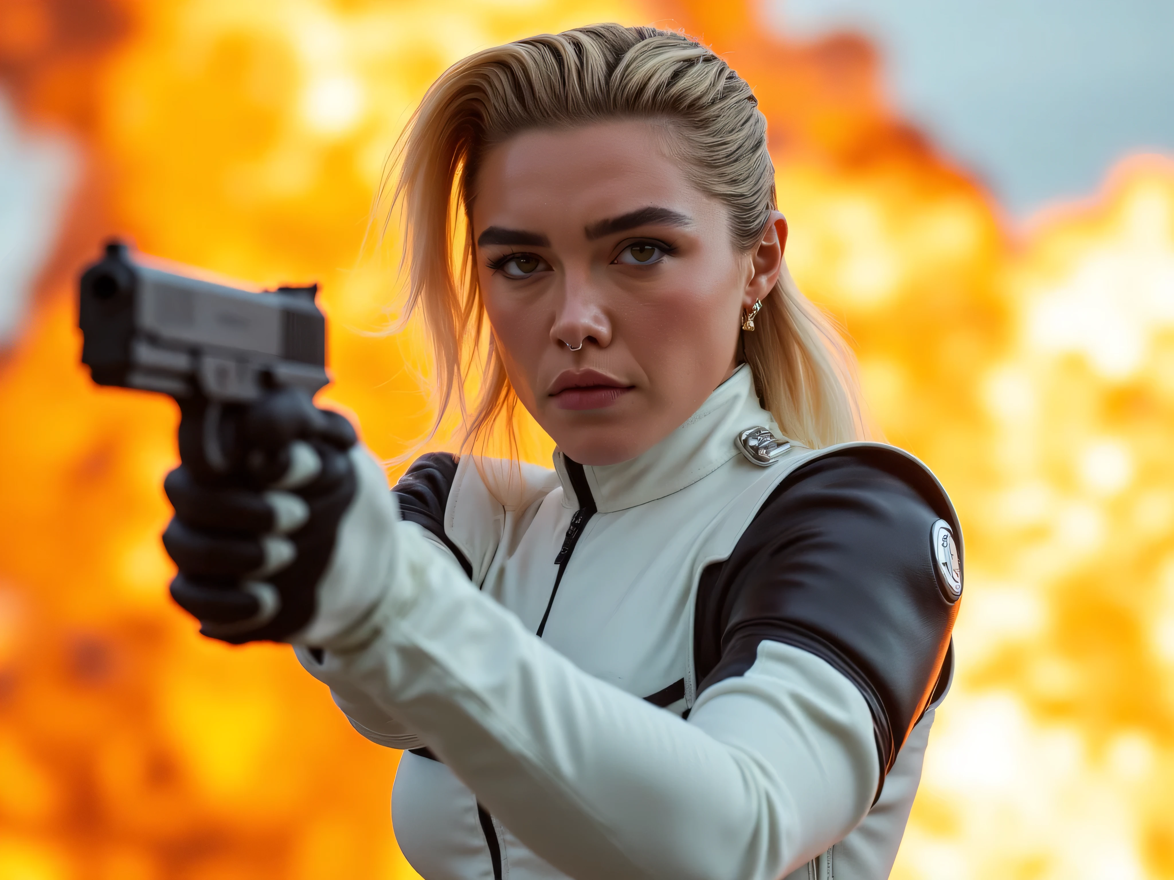 Extreme close-up of Florence Pugh with big, voluminous blonde hair parted in the middle and combed neatly to both sides, intense expression, holding a tactical pistol, dressed in a sleek white futuristic combat suit with black armored padding on shoulders and elbows, silver accents, utility belts around her waist, tight-fitting and high-tech in design, fully zipped with no visible cleavage, combining elegance and combat-readiness. She is gripping a matte black silenced pistol with both hands in a proper tactical stance, finger off the trigger, ready to engage. Standing in a bright daylight environment, massive fiery explosion behind her, cinematic lighting, high contrast, hyper-realistic detail, dramatic atmosphere, sharp focus on her face and suit.