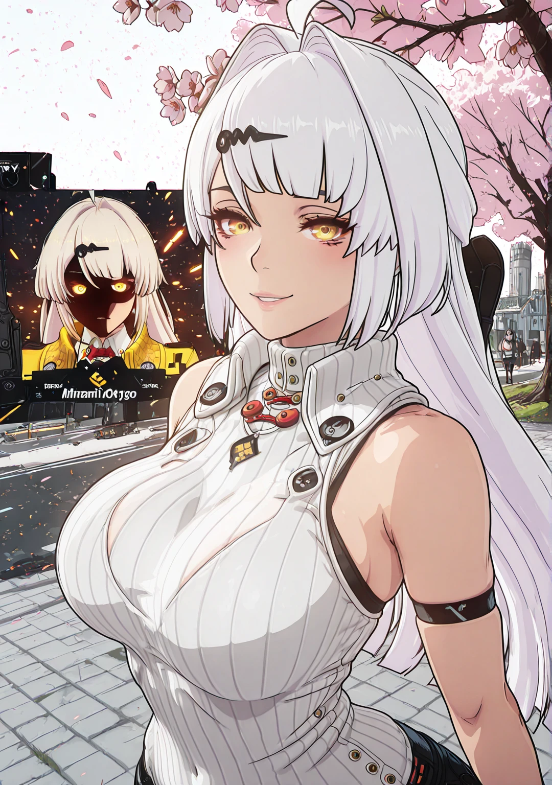 ggstduel, (minami_koyogi-style:1.4), (jam-orbital-style:0.8), ((anatomical correct)), ((embers)), ((Cinematic, unreal engine, eye-catching, ambient occlusion, UHD, masterpiece)), ((perfect lighting)), perfect body, perfect eyes, perfect fingers, gasping, heavy breathing, gasping profusely, ((skindentation)), ((curvy)), YiXuan, white hair, yellow eyes, hair ornament, long hair, bangs, ahoge, plump, 1girl, breasts, solo, looking_at_viewer, turtleneck, sweater, sleeveless, smile, ribbed_sweater, bare_shoulders, cherry_blossoms, sleeveless_turtleneck, blush, turtleneck_sweater, upper_body, hair_intakes, closed_mouth, alternate_costume, white_sweater, flower, sleeveless_sweater, parted lips falling petals, shaded face
