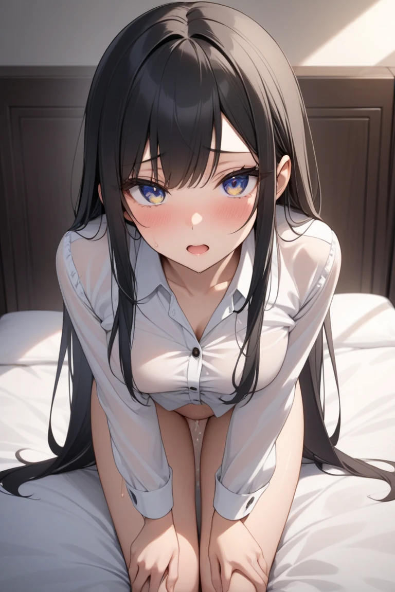 ((masterpiece,Highest quality:1.3,best quality illustration)),realistic,cowboy shot,1woman,(20 year old beauty),((very small head:1.4)),ideal ratio body proportions,dark blue hair,straight long hair,bangs,black eyes,gorgeous big eyes,shy,((tan skin,skinny)),(Black tie、White collared shirt、Long sleeve,vagina,bottomless,no panties),medium breasts,gleaming skin,slender body,sweat:1.2,sitting,spread legs,Simple bed、Simple bedroom、Shinjuku、Tokyo、nsfw,