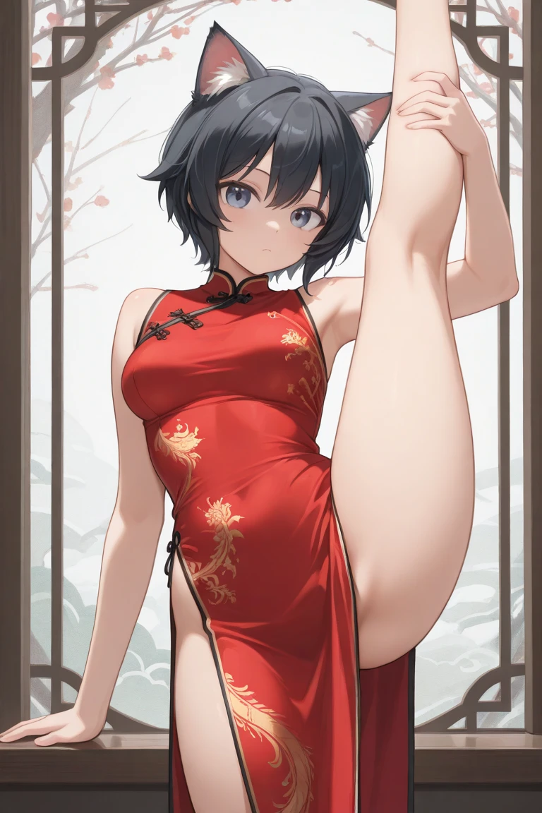 Period drama manga style　A 15-year-old super beautiful Chinese young lady with black hair in a bun cut wearing a super shiny red long-sleeved Chinese dress　She is wearing red long-sleeved pants with a zipper at the crotch.　Her pants were unzipped and her pussy was exposed