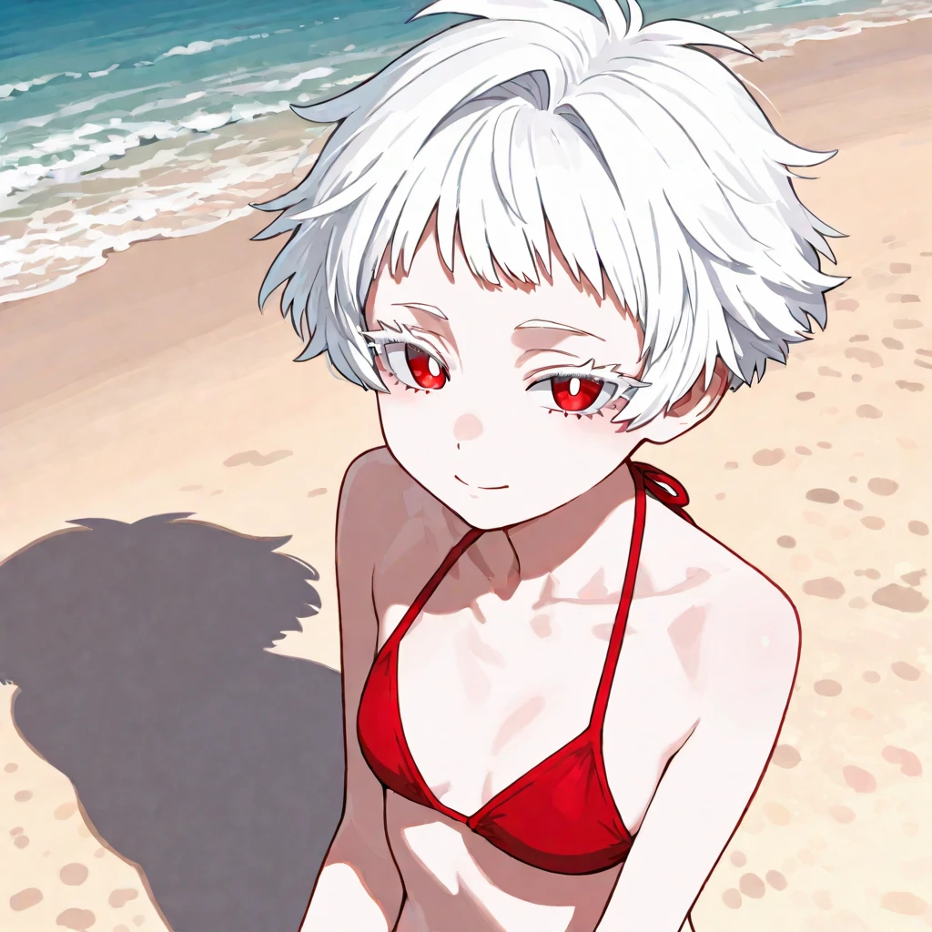 a cute gray anthro shark girl, sharp teeth, green eyes, short white hair, by dash Ravo, by hyattlen, by fumiko, by claweddrip, at the beach, good anatomy, red bikini, barefoot, humanoid feet, thick thighs, lying on a towel, on her back, from above,gray body, white chest, grinning, mouth open, small cute tail, legs spread