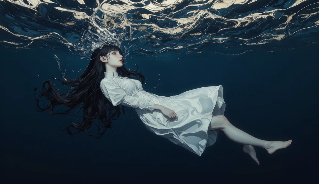 photo RAW, (Black and red : full body picture of a ghostly girl laying in the sea, the sea is black color, bird view, gold and black fishes around, pearls in the sea, highly detailed, intricate motifs, by Android jones, Januz Miralles, Hikari Shimoda, perfect composition, smooth, sharp focus, sparkling particles, Realistic,realism, hd, 35mm photograph, 8k), masterpiece, award winning photography, natural light, perfect composition, high detail, hyper realistic cinematic photo art RAW bird view of a girl in a white dress floating in the sea, blabk colored sea, waterdrops, divine, glass skeleton, skinless:3, biomechanical details, (black sea background), natural lighting, style of h. r. giger,(sharp focus, hyper detailed, highly intricate), . Extremely high-resolution details, photographic, realism pushed to extreme, fine texture, incredibly lifelike,35mm photograph,film,bokeh,professional,4k,