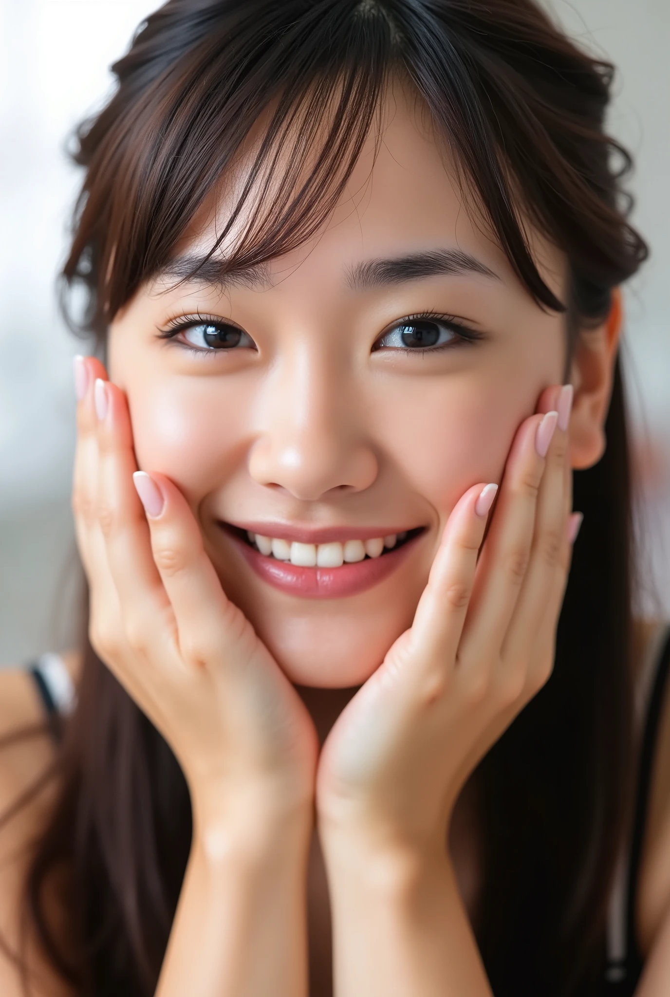 extreme close-up portrait, beautiful girl with her love-struck, radiant face filling the entire frame (95% face ratio), gently placing both open hands on her flushed cheeks with soft fingers, soft black camisole, white blurred background, eyes dreamy and half-lidded, deeply adoring gaze fixed straight at the viewer, irises ultra-detailed with intricate rainbow reflections and glowing catchlights, moist and sparkling eyes as if about to tear up from overwhelming joy, soft melting smile revealing slightly parted lips and upper teeth, skin with visible soft pores, realistic skin texture with warm lighting and subtle shadows, delicate eyelashes, glossy lips with natural highlights, cheeks glowing with deep blush, cinematic soft lighting, lifelike expression full of romantic euphoria, overflowing with happiness, warmth, and pure affection, subtly tilting her head as if whispering a name in total bliss, ultra photorealistic, masterpiece, 8K, hyperreal detail, skin pores, detailed iris texture, cinematic mood
