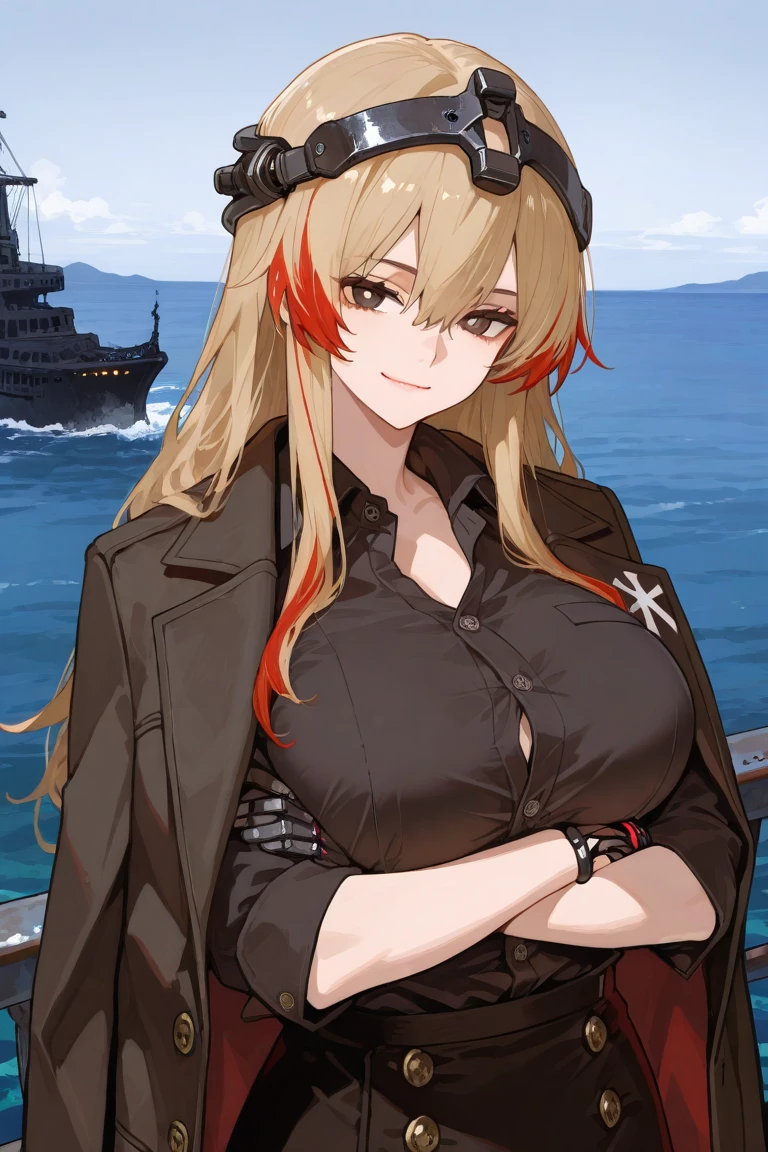 best quality, masterpiece, highres, solo, {black business suit:1.40}, {tie:1.20}, {sunglasses:1.25}, {white gloves:1.15}, {white shirt:1.10}, {black skirt:1.15}, {smoking:1.20}, handsome, {jean_bart_azurlane:1.15}, long_hair, brown_hair, hair_between_eyes, breasts, red_eyes, jewelry, earrings, ponytail, high_ponytail, bangs, collarbone, closed_mouth, medium_breasts, sidelocks, cleavage, very_long_hair, upper_body