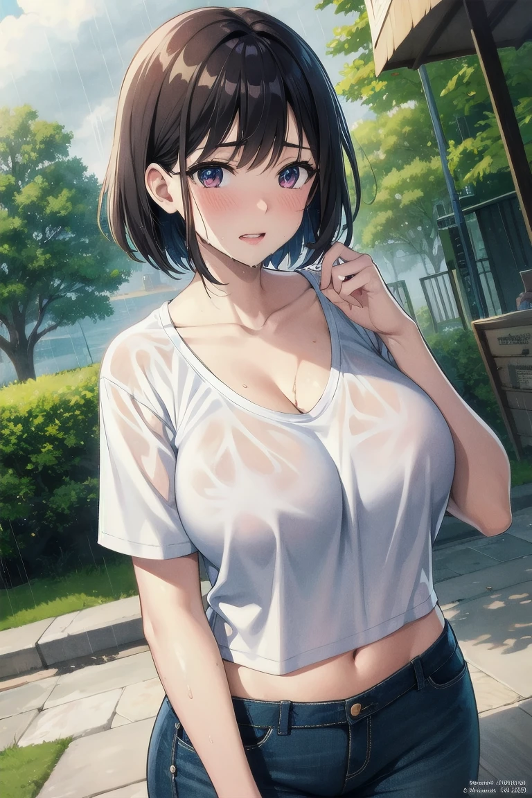 (((See-through bra))), Tight white t-shirt,Cleavage,tight white t-shirt, denim, Outdoor, Sit on a bench, rain, Very large breasts,Top View