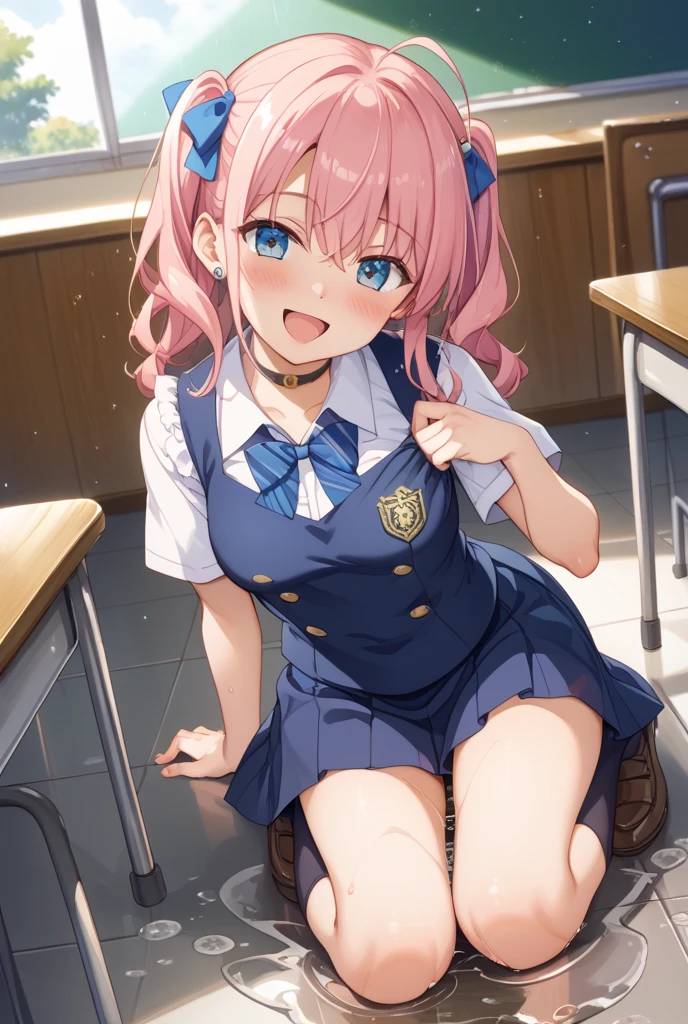 masterpiece, best quality, 1girl, solo, <lora:AkiyamaKonomi_v1:0.9>, classroom, (full body:1.2), running, shy, embarrassed, sailor collar, (black vest:1.3), blue skirt, (plaid skirt:1.2), pleated skirt, (white thighhighs, white socks:1.3), black loafers, short sleeves, blue sleeve ends, short hair, short twintails, red hair ornament, red hairclip, small breasts, flat chest, blue sleeve ends, (young, small girl:1.5), brooch, orange ribbon,