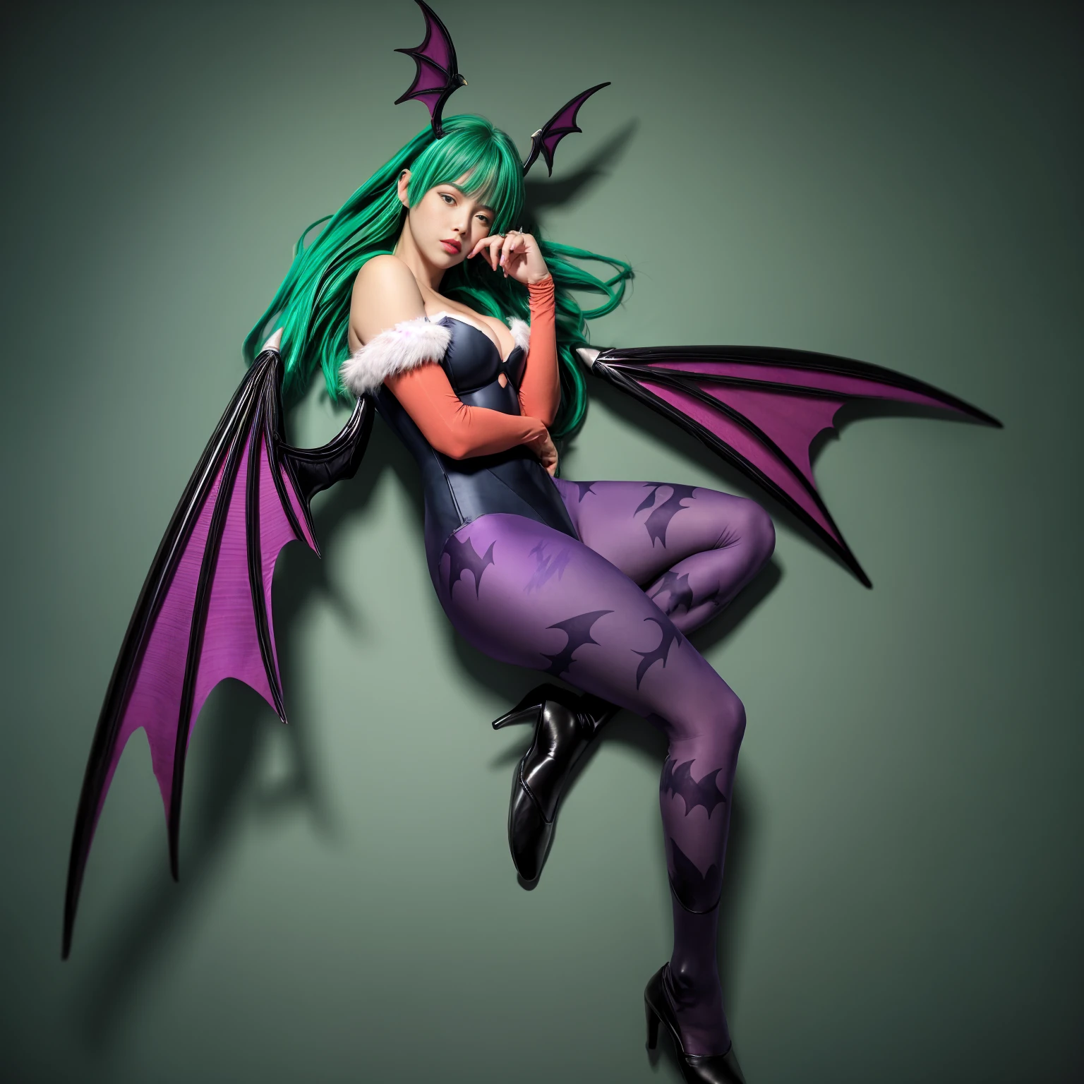 portrait, closeup, ntl,  surrealism ,morrigan aensland,  ink, ankymoore, inked, illustration , 
over the shulder, ass, black thigh highs,  curvy, wide hips, (blushing), 
green eyes, green hair, long hair, blunt bangs, head wings,  leotard, bare shoulders, orange bridal gloves, bat wings, purple pantyhose with bat print, 
impactful,  (solid white background:1.1),
female focus,    ,(solo:1.4),
[butterfly:bat:0.2]
[(
paper_cut
((Best quality)), ((masterpiece)), (highly detailed:1.3), bats
,HDR (High Dynamic Range),Ray Tracing,NVIDIA RTX,Super-Resolution,Unreal 5,textures,White balance,Wide aperature,8K RAW, high saturation
ravishing, ink drops, splatter, (vivid bright colors:1.3), vibrant digital illustration,  behance hd,  concept art, best quality,
intricate details, 8k, artstation, splash, sharp focus, , 
<lora:add_detail:0.35>  <lora:NijiExpressV2:0.45> 
  <lyco:NatalieD-RealVision-V1.0:0.5> <lyco:GoodHands-beta2:0.73>
<lora:ink-0.1-3-b28-bf16-D128-A1-1-ep64-768-DAdaptation-cosine:0.4><lora:lihui234-32:0.4> <lora:KK_paperCut_v5:0.3> 
):8]
<lora:ankymoore:0.4> <lora:morrigan:0.7>